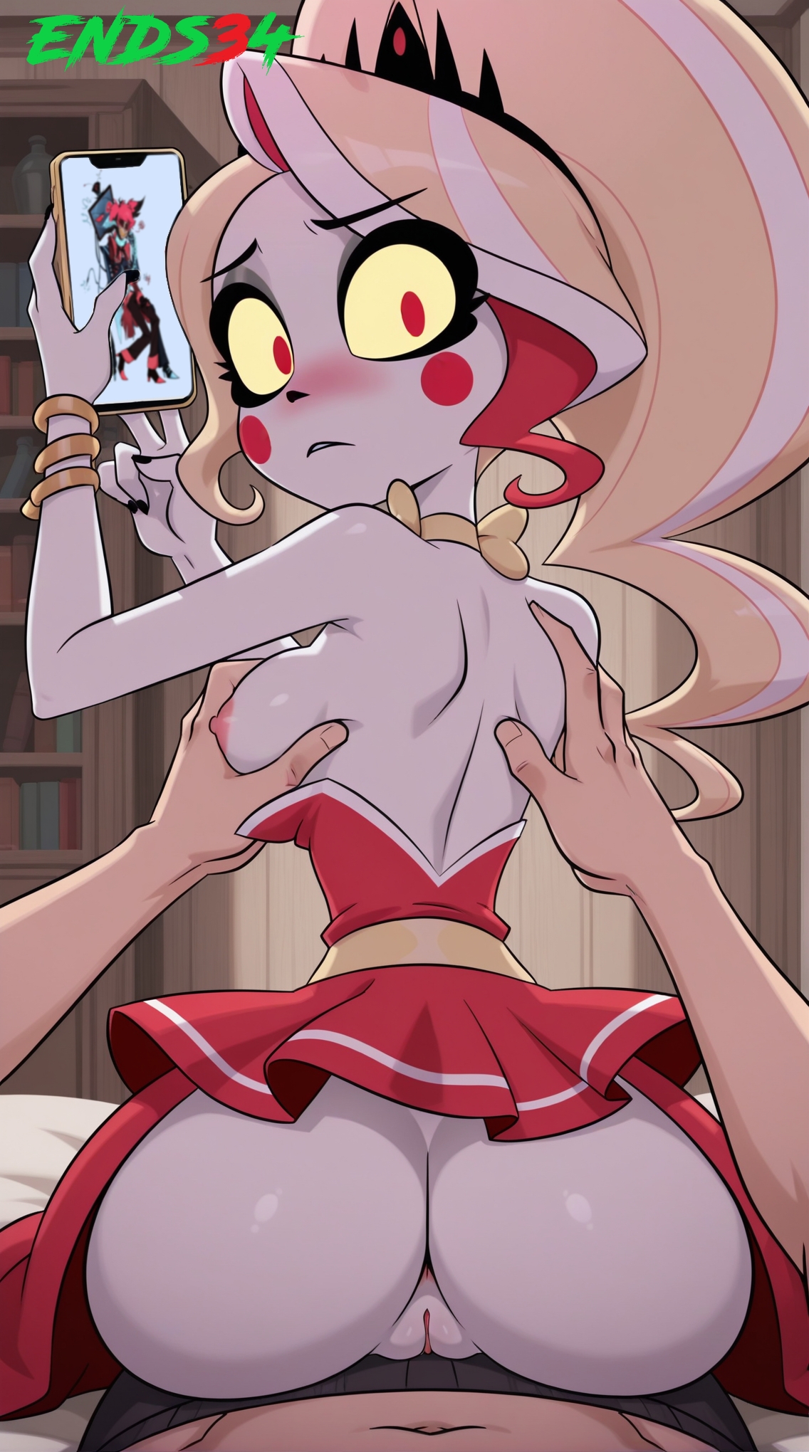 ai generated, ass focus, blonde hair, blush, charlie morningstar (hazbin hotel), dress, ends34, female, female focus, grabbing another's breast, hazbin hotel, light-skinned female, male, medium breasts, red eyes