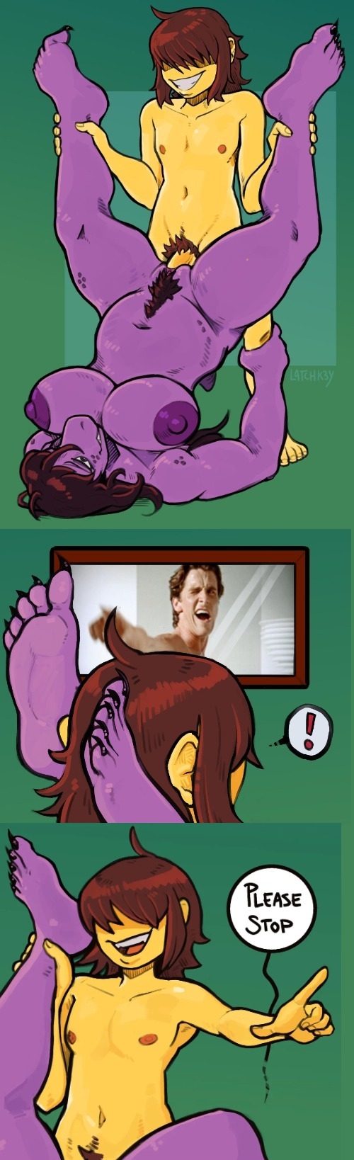 1boy, 1girls, 2026, 2d, 3 panel comic, american psycho (meme), big breasts, breasts, comic, deltarune, edit, fan edit, female, femsub, holding legs, human, human dominating, human dominating humanoid, human male on anthro female, human on anthro, human penetrating, humanoid, kris (deltarune), latchk3y, male, male on top, maledom, scalie, sex, susie (deltarune), tagme, vaginal sex