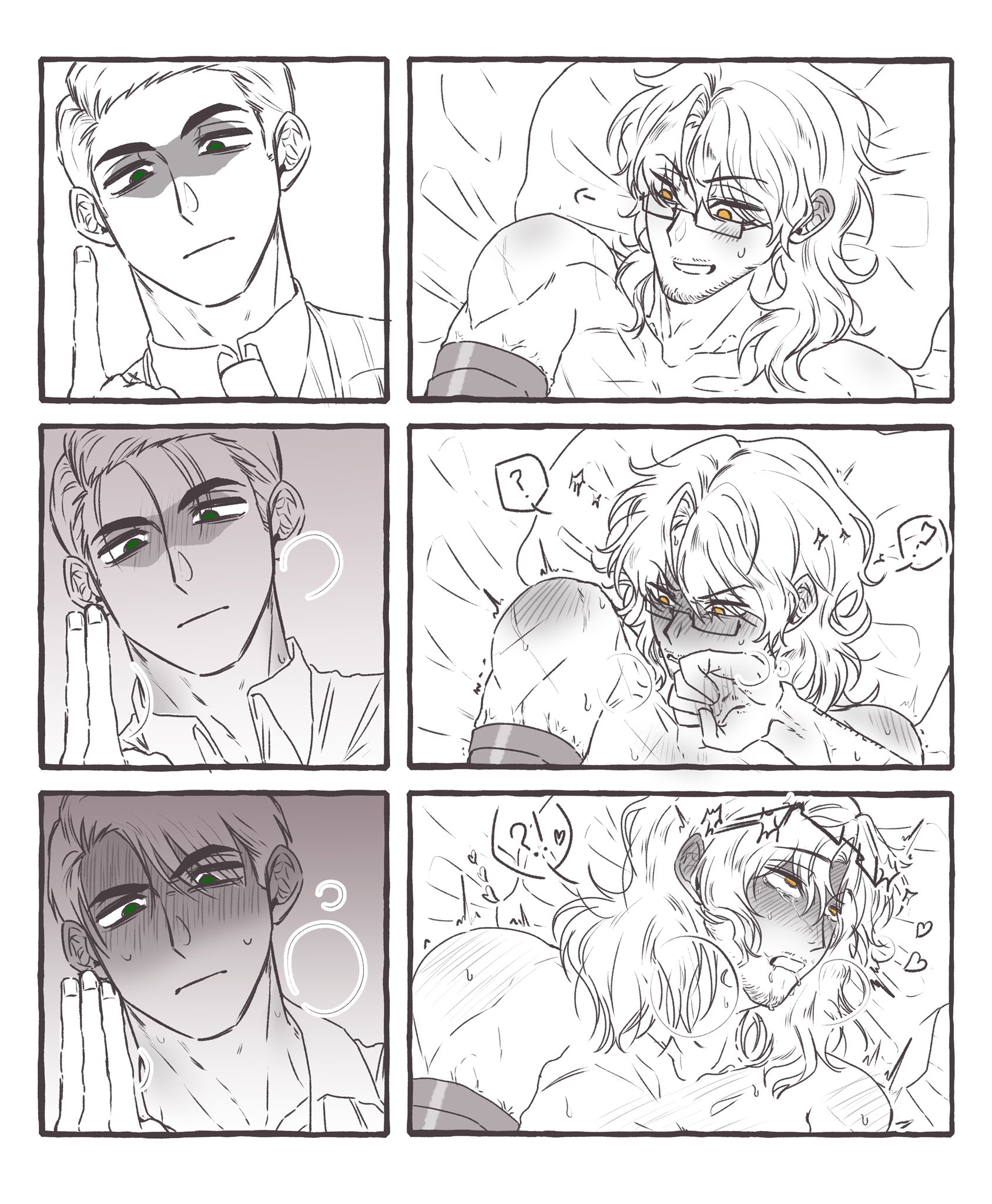 blush, blush lines, boys love, comic, drool, fingering, gay, glasses, green eyes, gregor (limbus company), limbus company, long hair, meme template, messy hair, meursault (limbus company), no dialogue, no visible genitalia, panting, project moon, prostethic arm, stubble, time passing, yaoi, yellow eyes
