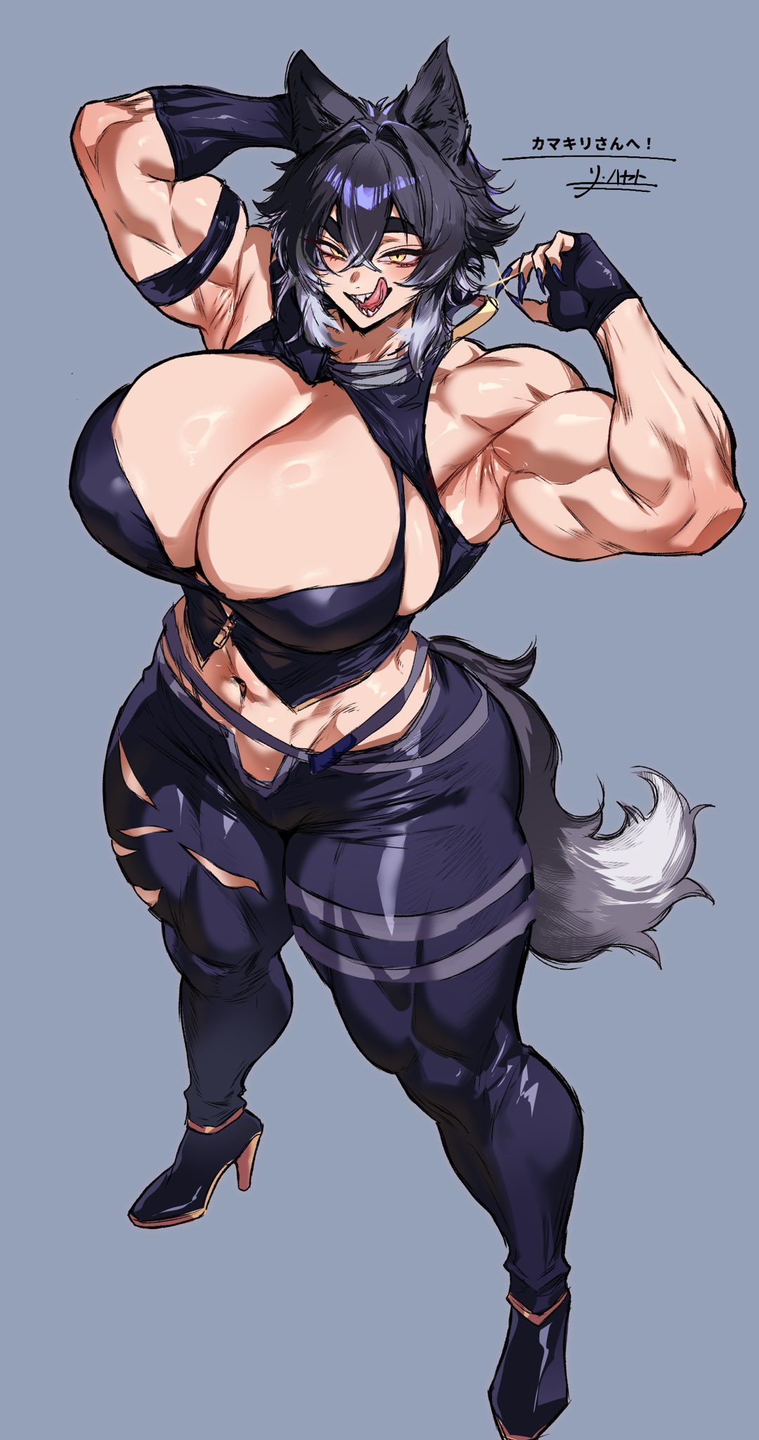 1girls, 2d, 2d (artwork), animal ears, athletic, athletic female, big boobs, big breasts, boobs, breasts, clothed, clothed female, female, female focus, female only, fit, fit female, large boobs, large breasts, lihayato, looking at viewer, looking up, looking up at viewer, muscular, muscular female, solo, solo female, solo focus, tail, tall female, tall girl, tall woman, thick thighs, thighs, toned, toned female