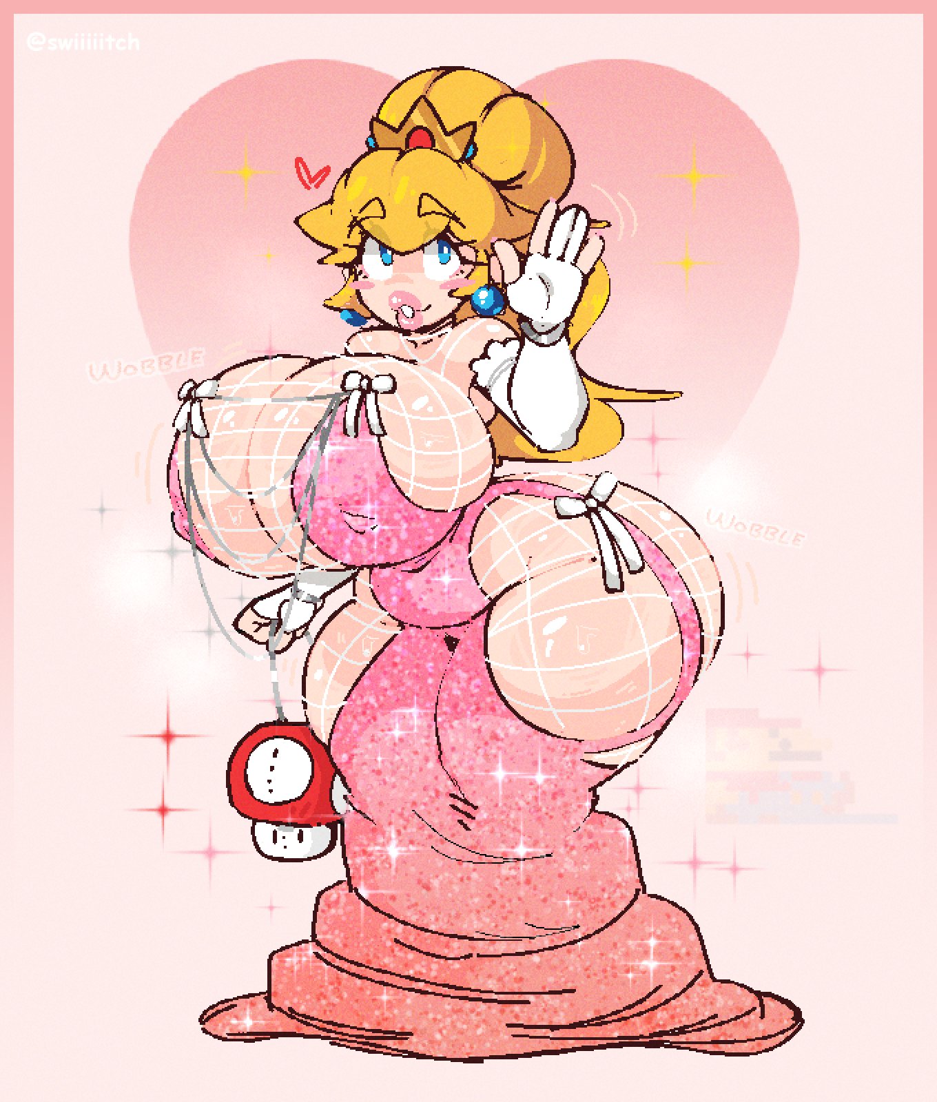 ass, big lips, bimbo, bimbo lips, bow, bubble butt, cellulite, chain jewelry, cleavage, dress, fancy clothing, female, female only, fishnets, gloves, huge, huge ass, huge breasts, huge hips, jewelry, light skin, light-skinned female, mario (series), milkscrew, nipples visible through clothing, ponytail, princess, princess peach, revealing clothes, skindentation, solo, sparkle, swiiiiitch, wobbling ass, wobbling breasts
