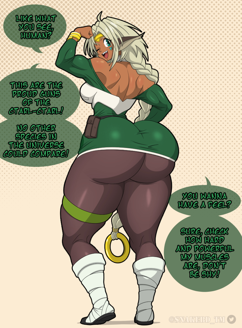 1girls, aisha clanclan, anime, ass, ass bigger than head, ass focus, back view, big ass, bottom heavy, breasts, bubble butt, butt cheeks, cat girl, english text, flexing, flexing arms, green eyes, looking at viewer, looking back, looking over shoulder, muscles, nekomimi, open mouth, outlaw star, plump ass, plump legs, round ass, short hair, short skirt, snakebd, thick ass, thick thighs, tight clothing, voluptuous, voluptuous female, wide hips, wink, winking, winking at viewer