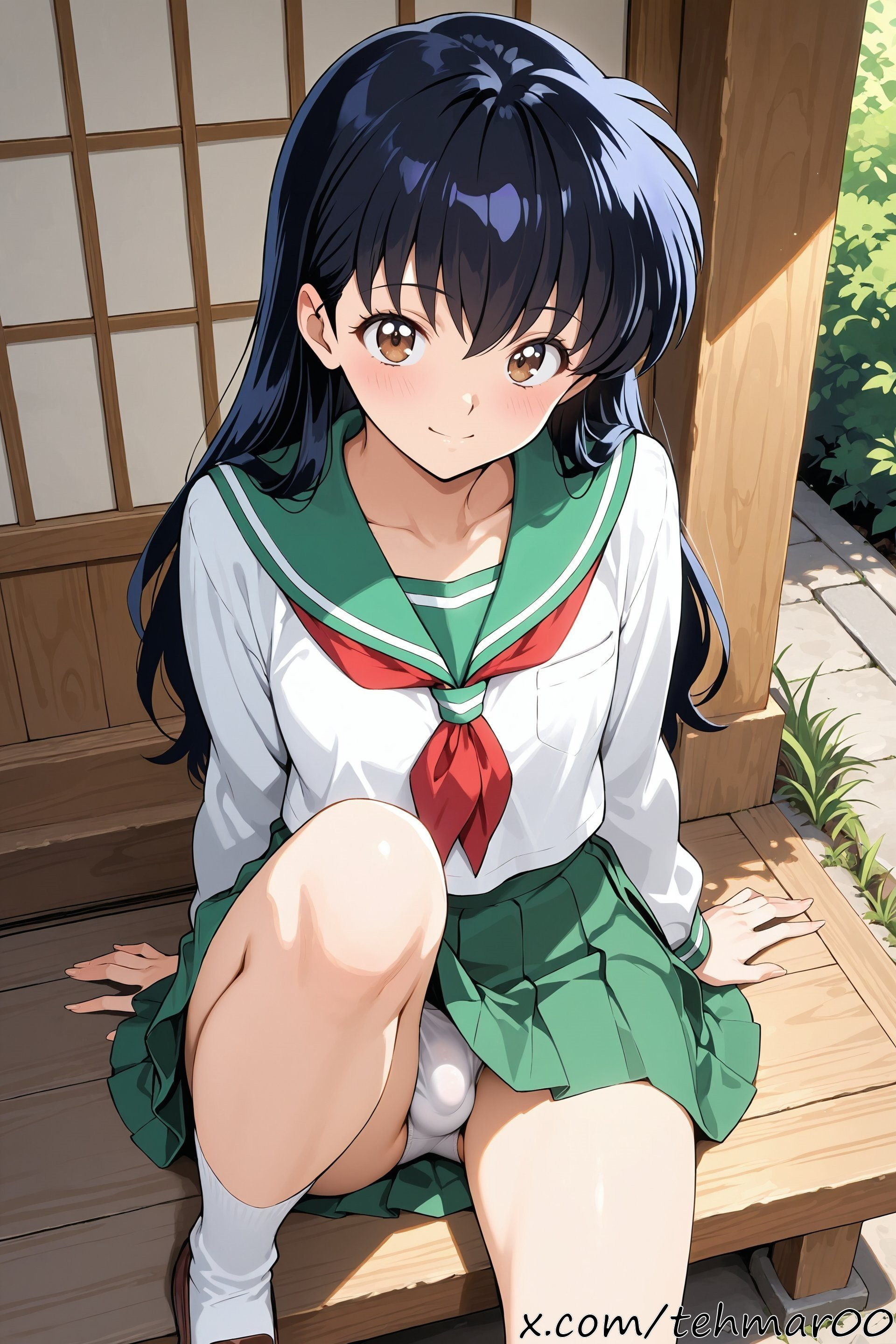 1boy, ai generated, arm support, bangs, black hair, blush, brown eyes, closed mouth, collarbone, day, eyebrows visible through hair, femboy, genderswap (ftm), green sailor collar, green skirt, inuyasha, kagome higurashi, knee up, loafers, long hair, long sleeves, looking at viewer, male, neckerchief, outdoors, panties, pantyshot, pleated skirt, red neckerchief, rule 63, sailor collar, sailor shirt, school uniform, serafuku, shirt, shoes, sitting, skirt, smile, socks, solo, tagme, tehmar, trans woman, transfem, trap, white panties, white shirt, white socks