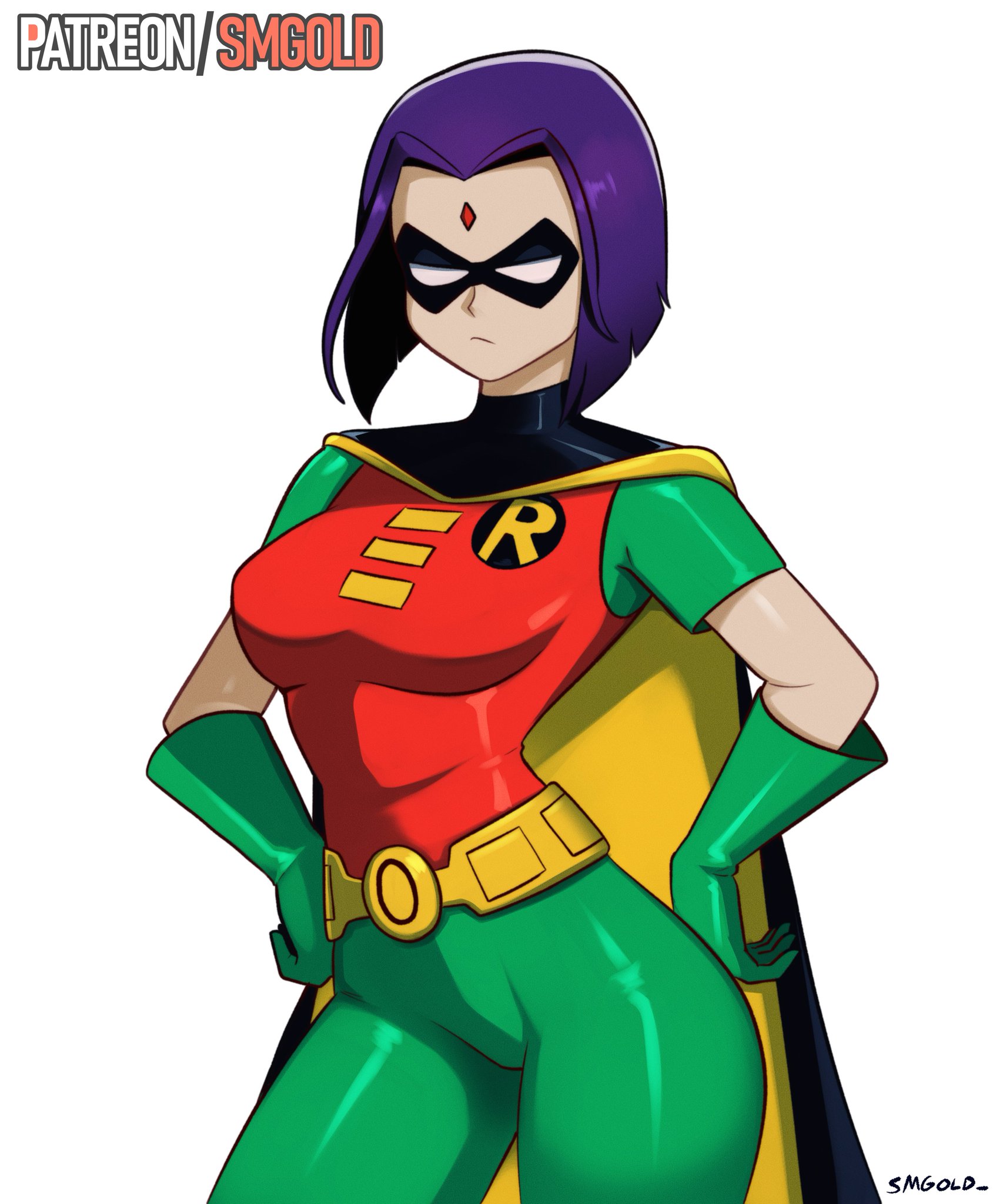 1girls, clothed, clothed female, dc, dc comics, fully clothed, gloves, hand on hip, hands on hips, purple hair, rachel roth, raven (dc), robin (dc) (cosplay), smgold, solo, solo female, tagme, teen titans, thick thighs