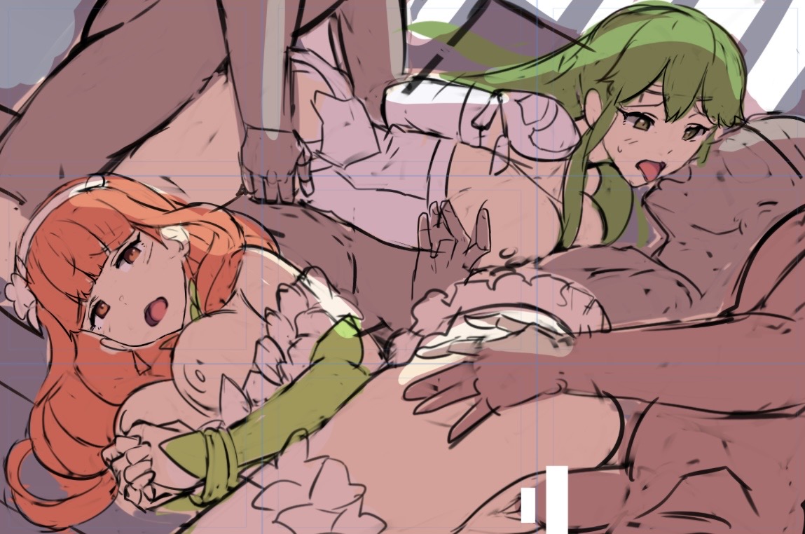 2girls, 3boys, bondage, boris (noborhys), breasts, breasts out, captured, celica (fire emblem), censored, dark-skinned male, fire emblem, fire emblem echoes: shadows of valentia, fire emblem heroes, green hair, nipples, official alternate costume, open mouth, orange hair, palla (fire emblem), penis, sex, sketch