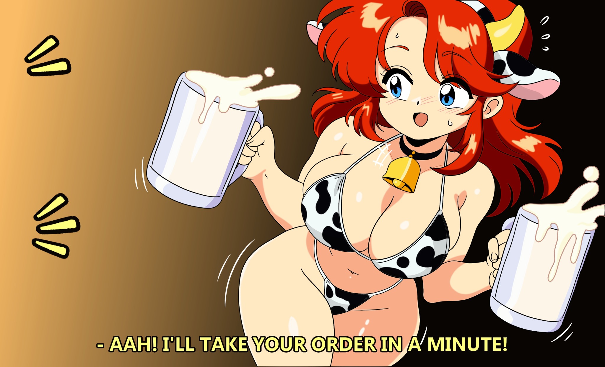 1girls, bell, bell collar, belly, belly button, big ass, big breasts, bikini, bikini bottom, bikini only, bikini top, blue eyes, breast squeeze, breast squish, breasts, breasts bigger than head, breasts spilling out, child bearing hips, choker, cleavage, collar, cow ears, cow ears headband, cow horn, cow horns, cow horns headband, cow print, cow print bikini, cowbell, cowbell collar, female, female focus, female only, g-string, hips, hourglass figure, huge breasts, large ass, large breasts, light skin, light-skinned female, long hair, malon, milk, milk maid, ocarina of time, overflowing breasts, red hair, serving, serving drink, skindentation, solo, solo female, solo focus, spilled drink, the legend of zelda, thick thighs, thighs, tupperware wizard, wide hips