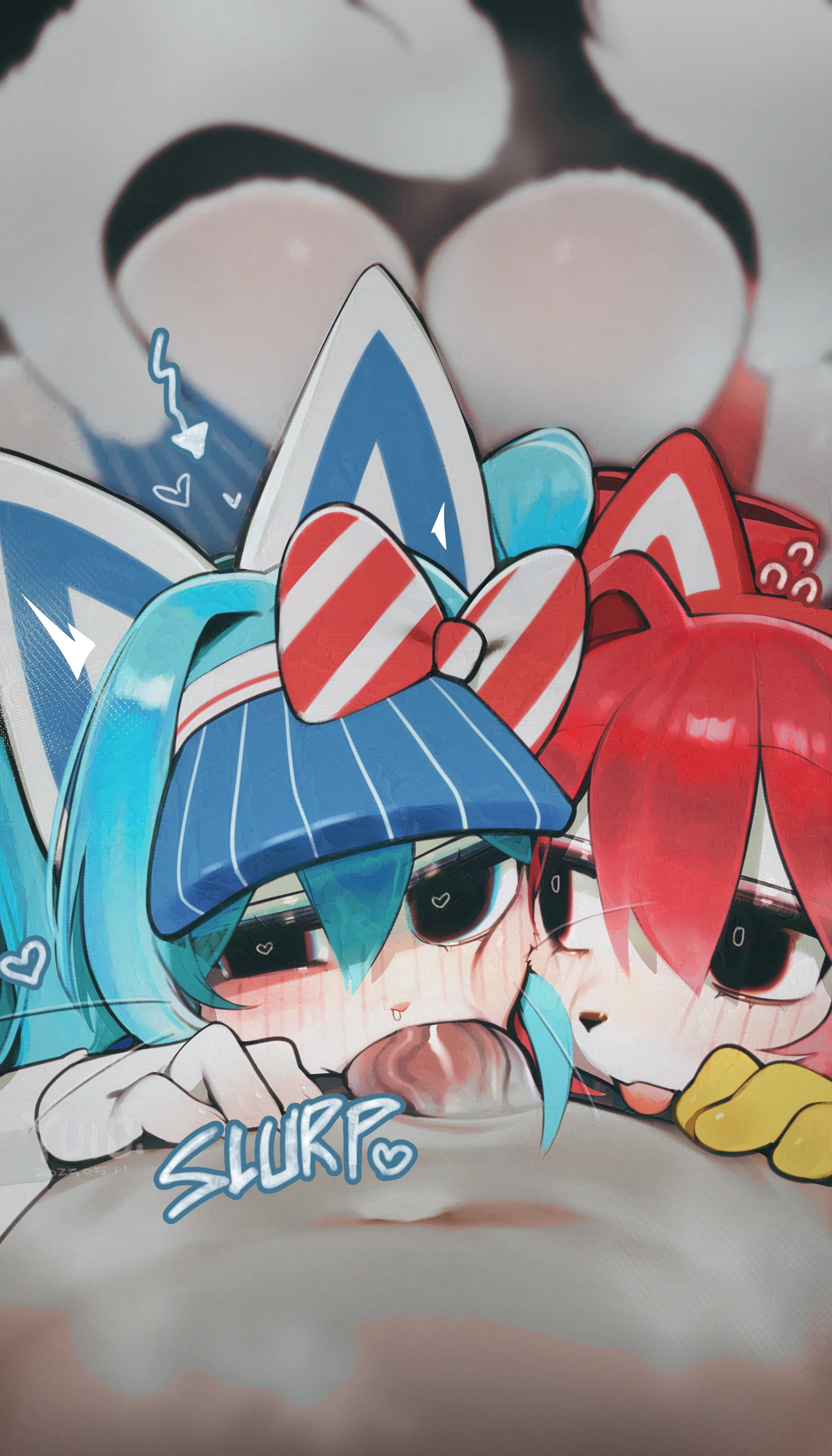 1boy, 2girls, absurdres, animal ears, anthro, anthro female, ass, big ass, big penis, black eyes, blue hair, blush, cat ears, cat tail, catgirl, catsune miku, collaborative fellatio, deepthroat, double fellatio, erection, fellatio, female, female focus, ffm threesome, group sex, hair ornament, hatsune miku, heart-shaped pupils, highres, kasane teto, male, male pov, mesmerizer (vocaloid), mesmerizer miku, mesmerizer teto, non-web source, oral, oral sex, partial male, penis, pov, red hair, straight, tail, threesome, tongue, tongue out, veiny penis, vocaloid, whiskers, yuio