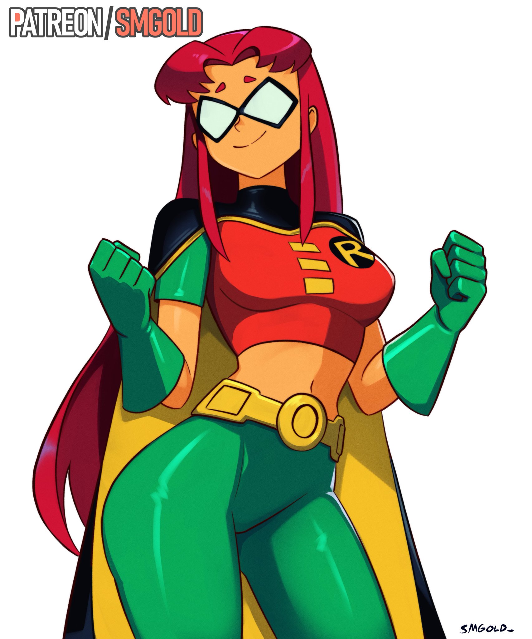 1girl, 1girls, breasts, cape, dc, dc comics, female, female only, gloves, koriand'r, robin (dc) (cosplay), smgold, solo, solo female, starfire, tagme, teen titans, tights
