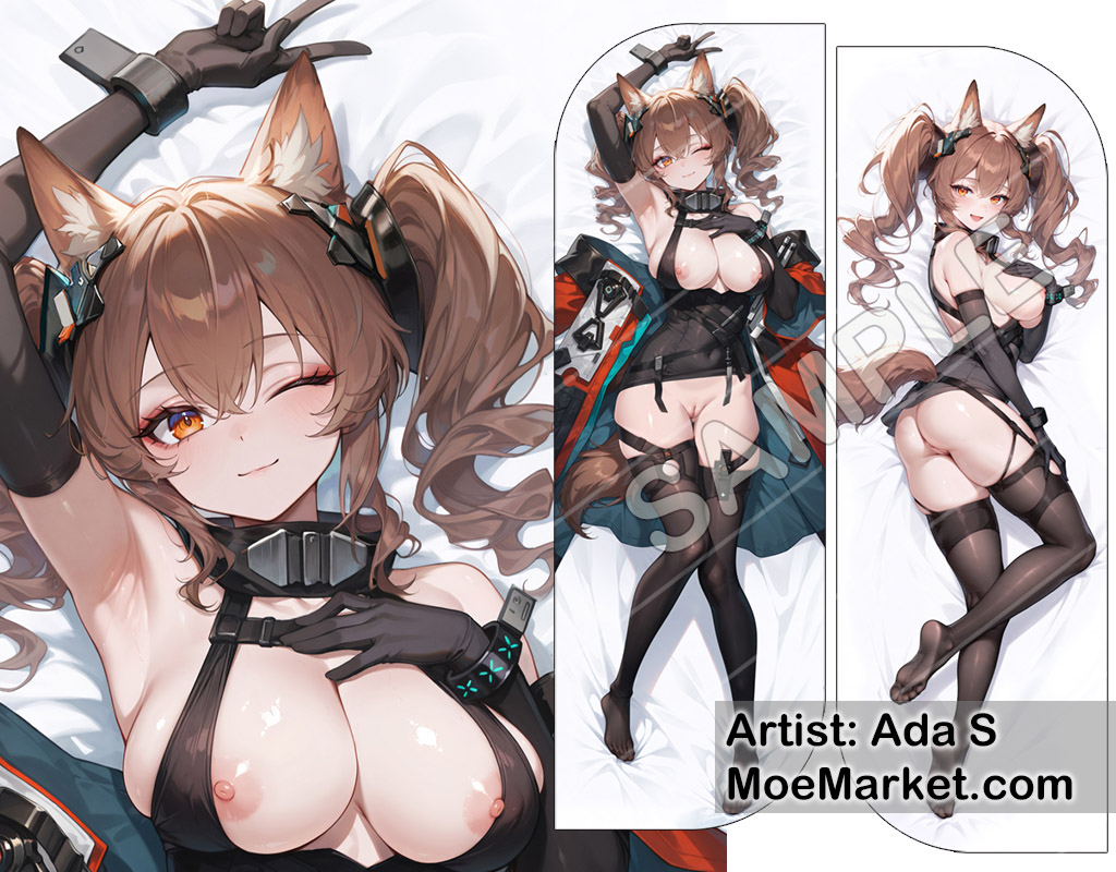 1girls, ai generated, animal ears, animal tail, arknights, arknights: endfield, bare shoulders, barefoot, brown hair, dakimakura, dakimakura design, elbow gloves, gilberta (arknights: endfield), moemarket, nipples, orange eyes, pussy, sideboob, thighhighs