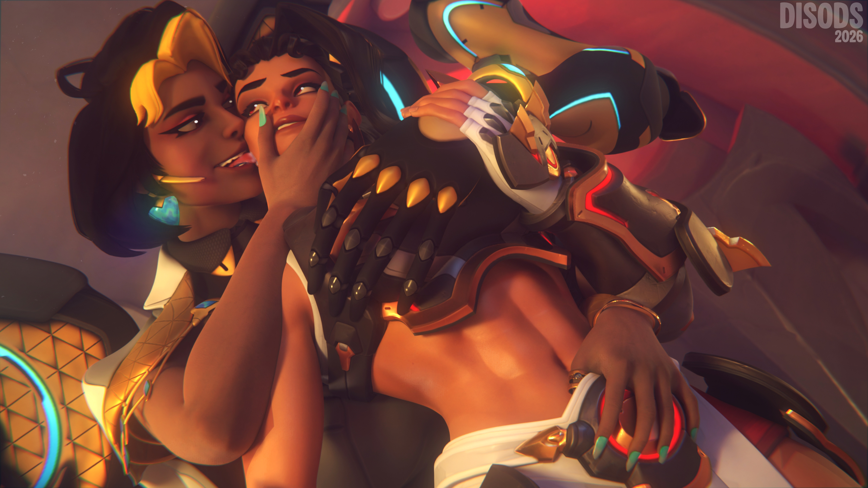 2girls, breast grab, dark-skinned female, disods, domina, dominant female, femdom, from behind, indian, indian female, interracial, italian, italian female, lesbian kiss, lezdom, lezsub, overwatch, overwatch 2, vendetta, yuri