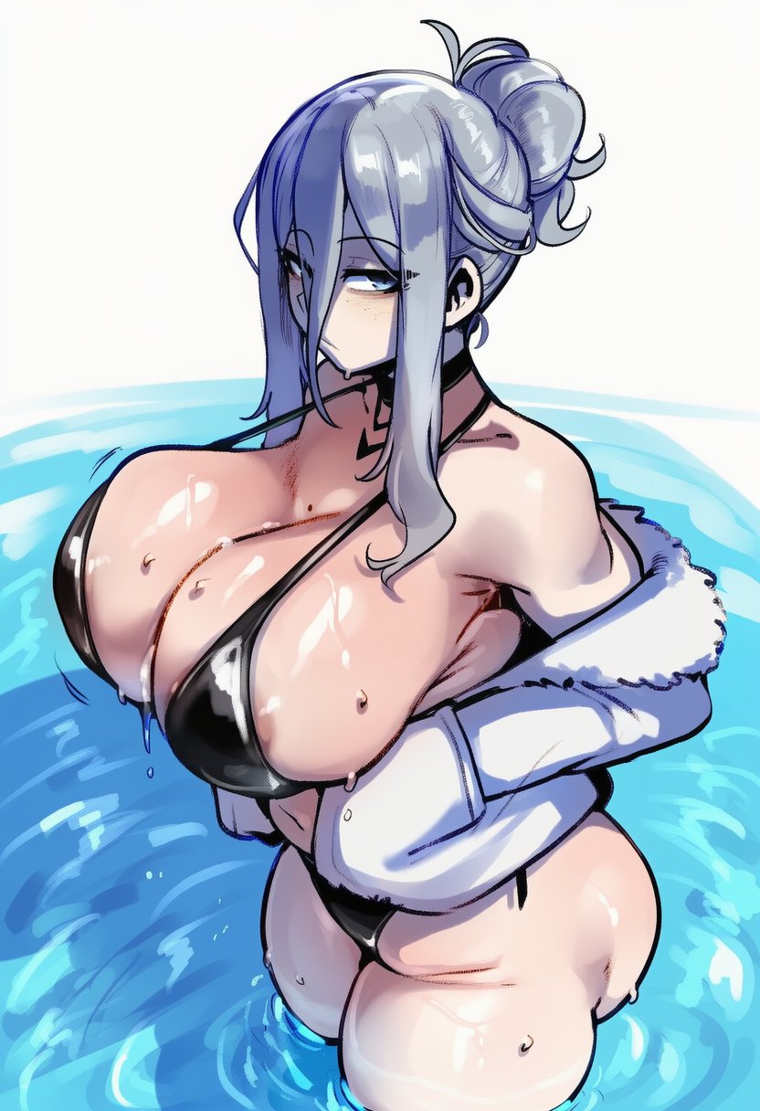 ai generated, big ass, big breasts, bikini, date a live, female only, gray hair, hnakano88929, murasame reine