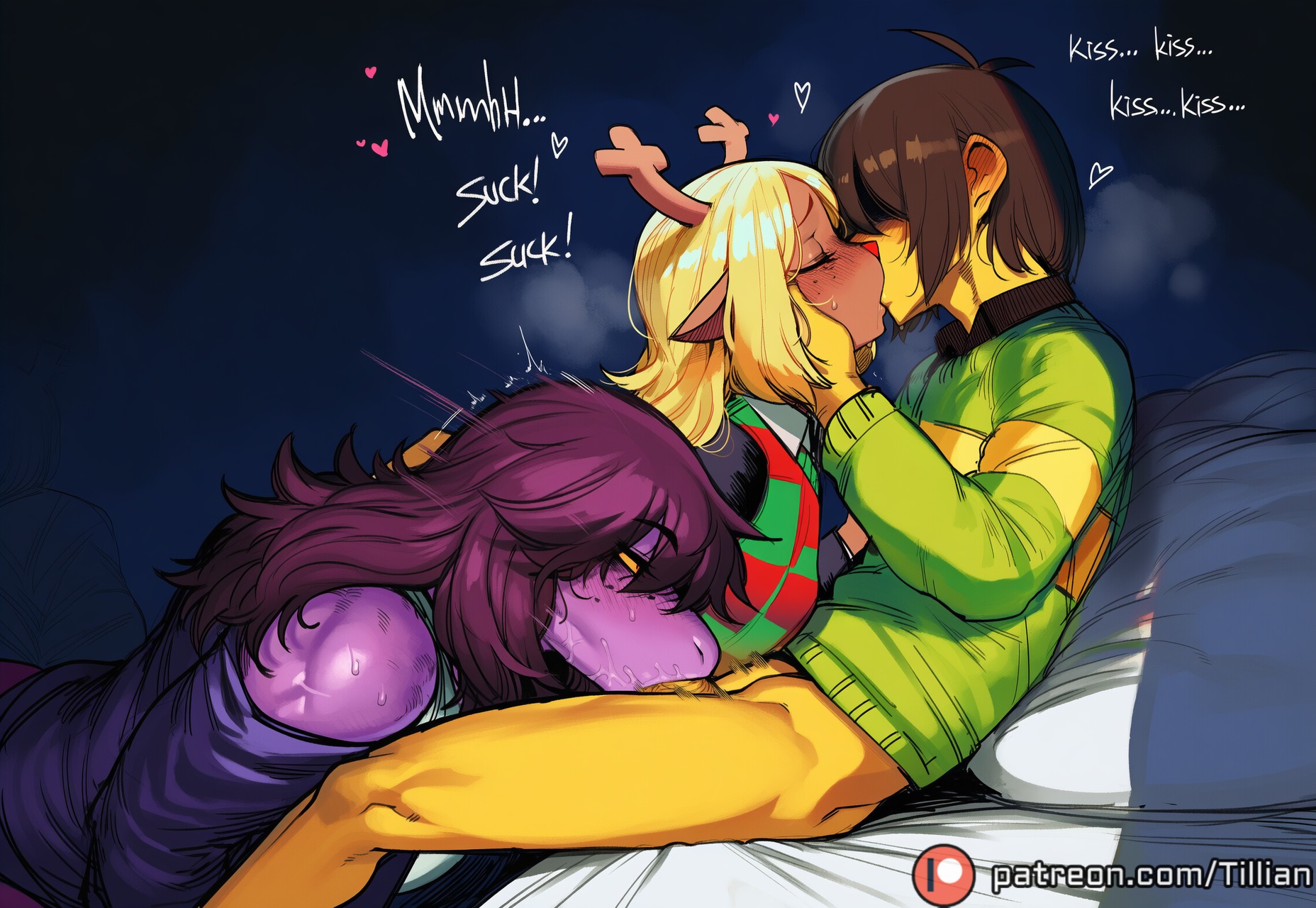 1boy, 1other, 2girls, ai generated, androgynous, animal ears, anthro, antlers, athletic female, blonde hair, blush, bottomless, breasts, brown hair, closed eyes, colored sclera, colored skin, cuckquean, deltarune, english text, fellatio, ffm threesome, freckles, green sweater, group sex, heart, human, human penetrating, kissing, kris (deltarune), light-skinned male, long hair, multiple girls, noelle holiday, oral, penis, pink skin, purple hair, purple skin, saliva, straight, striped sweater, susie (deltarune), sweat, sweater, threesome, tillian, yellow sclera