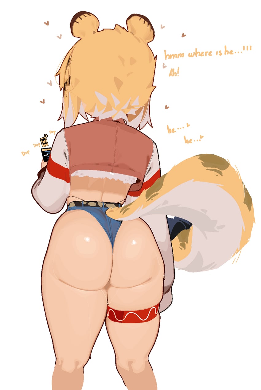 1girls, absurd res, ass, blonde hair, cropped jacket, english text, facing away, from behind, heart, highres, hoyoverse, ju fufu, large ass, looking at phone, naxius noxy, petite, phone, short hair, shorts, simple background, smartphone, tail, thick thighs, thigh strap, thighs, tiger ears, tiger girl, tiger tail, white background, zenless zone zero