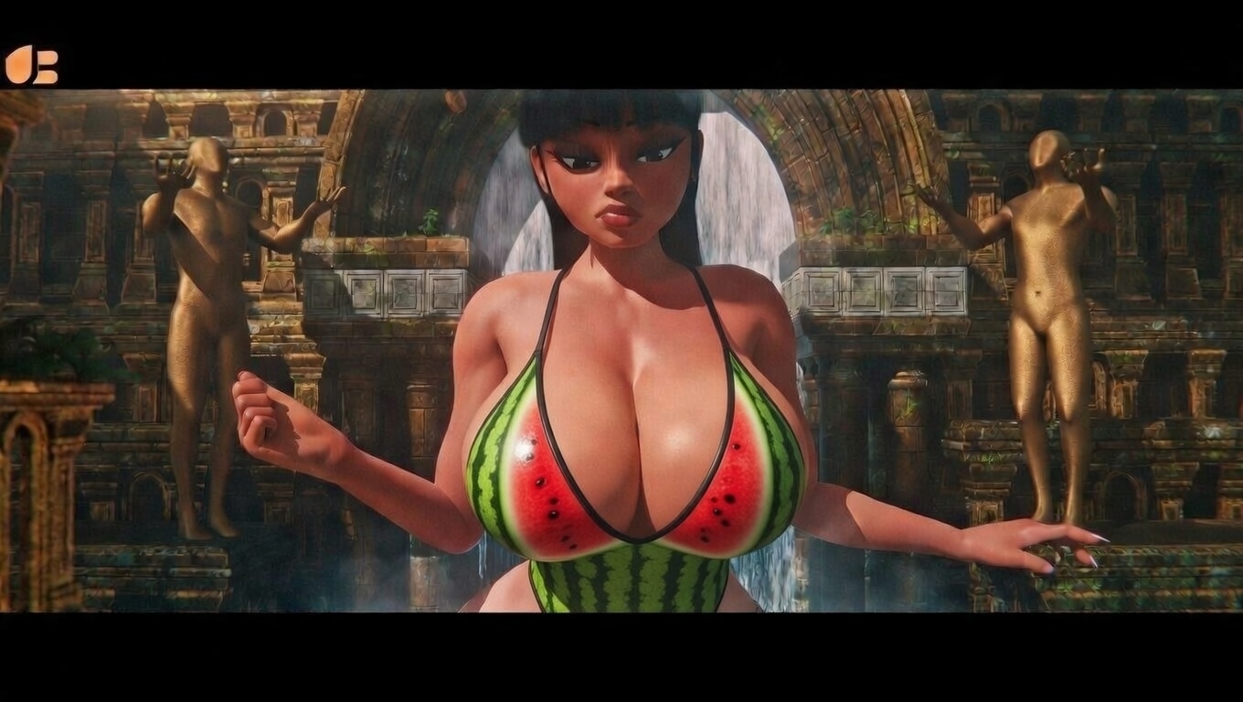 1girls, 3d, alternate version available, big breasts, bikini, chel, chel (the road to el dorado), chel (the road to el dorado) (scrag boy), cleavage, dark skin, dark-skinned female, dreamworks, female, female focus, female only, giantess, huge breasts, large breasts, one-piece swimsuit, scrag boy (model), standing, swimsuit, the road to el dorado, u3d, watermelon bikini
