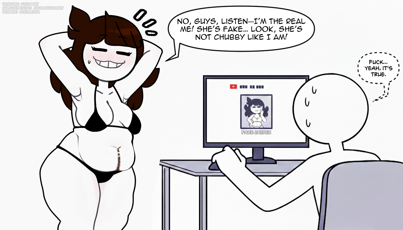 = =, 1boy, 1other, armpits, arms behind head, arms up, artist name, artist self-insert, belly, bikini, black bikini, blush, breasts, brown hair, chair, closed eyes, clothing, colored skin, computer, english text, faceless, fat, female, freckles, jaiden, jaiden (jaiden animations), jaiden animations, jaidenanimations, keyboard (computer), long hair, medium breasts, medium hair, monitor, navel, navel piercing, no nose, notice lines, plump, sexually suggestive, sexy, sexy pose, shortstack, simple background, sitting, smile, speech bubble, steca, sweat, sweatdrop, swimsuit, thelazyart, thick, thick arms, thick legs, thick thighs, thighs, thought bubble, web address, white background, white skin, youtube, youtuber, youtuber character, youtuber girl, youtubers