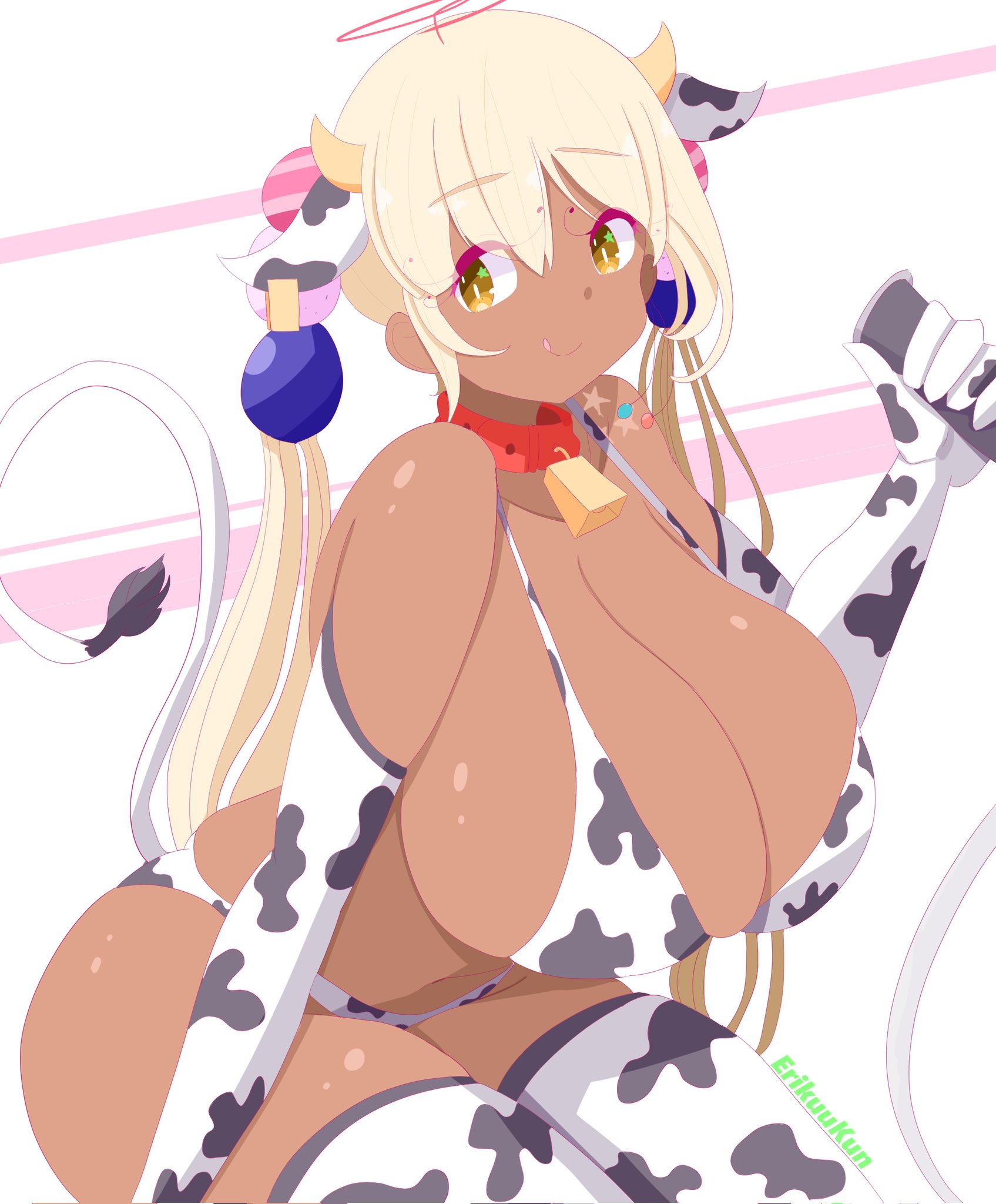 bikini, blush, closed mouth, cow print, cow print bikini, curvy, elbow gloves, erikuukun, gigantic breasts, hololive, hololive english, hyper, hyper breasts, hyper hips, licking lips, long gloves, milk bottle, smile, thick hips, thick thighs, thighhighs, tsukumo sana, virtual youtuber, voluptuous, wide hips