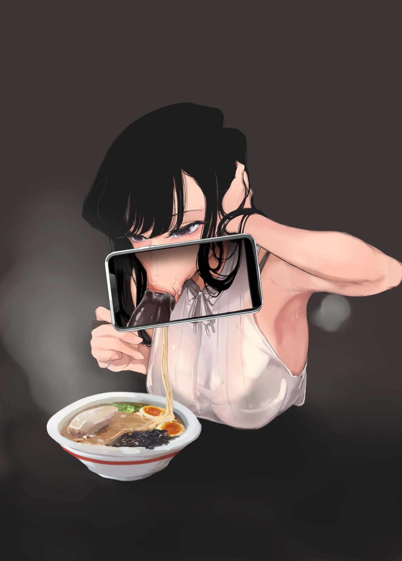 :>=, 1girls, armpits, bangs, big penis, black hair, breasts, cellphone, censored, chopsticks, dark skin, dark-skinned male, duplicate, eating, egg, fellatio, female, food, highres, interracial, juxtaposition, komi shouko, komi-san wa komyushou desu, light skin, light-skinned female, long hair, male, mamimi (artist), mamimi (mamamimi), meat, mosaic censoring, noodles, oral, penis, phone, photo (object), photo comparison, purple eyes, ramen, sleeveless, smartphone, solo, straight, stray pubic hair