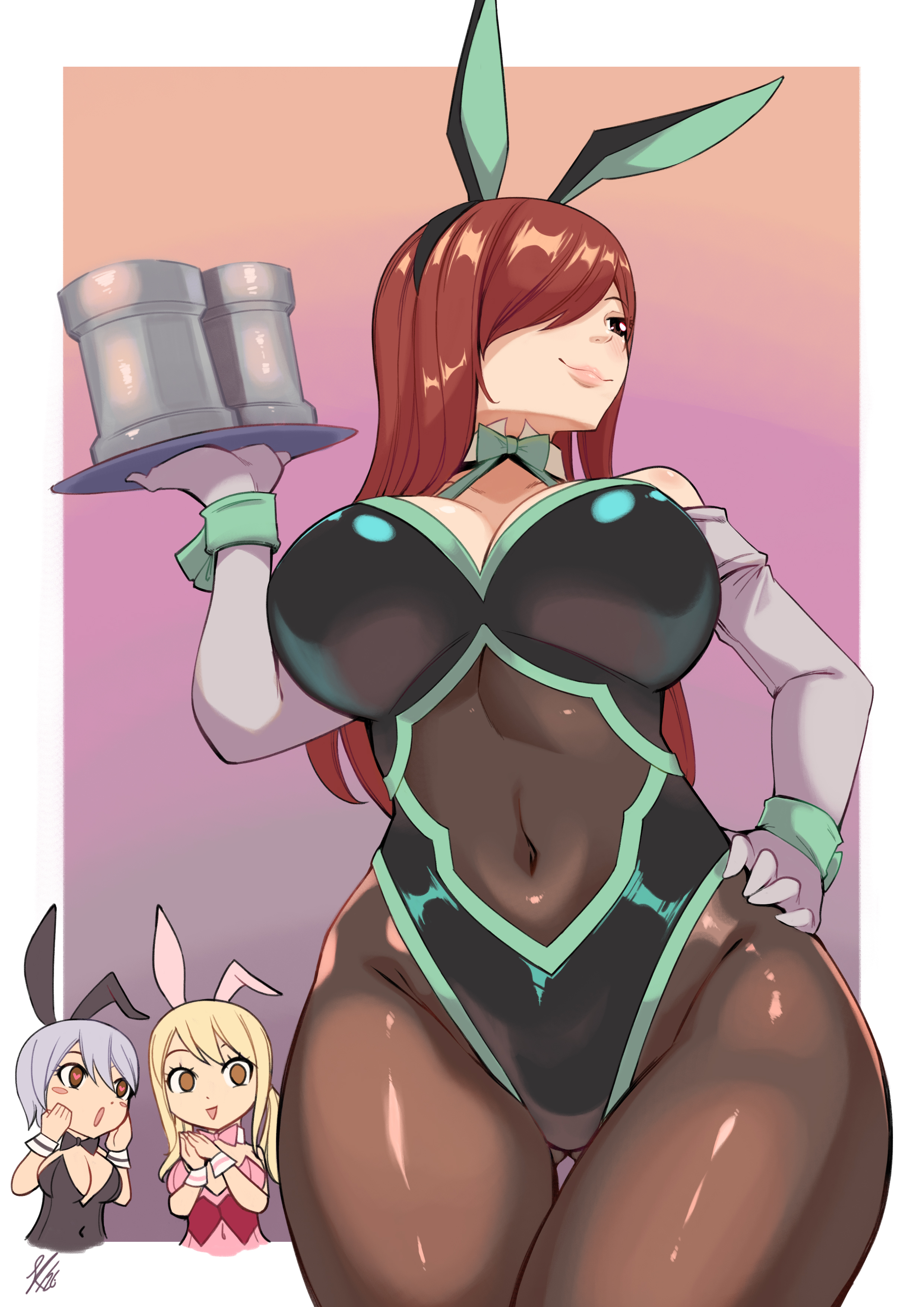 3girls, absurdres, animal ear hairband, animal ears, ass visible through thighs, big breasts, black leotard, blonde hair, blonde-haired female, bodystocking, bow, bowtie, breasts, brown eyes, bunny ears, bunnysuit, cleavage, collarbone, covered navel, cowboy shot, cup, curvy, detached collar, erza scarlet, fairy tail, fake animal ears, gloves, green bow, green bowtie, hair over one eye, hairband, highres, holding, holding tray, joshdinobarney, large breasts, leotard, lucy heartfilia, mug, multiple girls, navel, navel visible through clothes, pantyhose, playboy bunny, rabbit ear hairband, rabbit ears, red hair, red-haired female, solo focus, thick thighs, thighs, tray, white gloves, white hair, white-haired female, wrist cuffs, yukino aguria