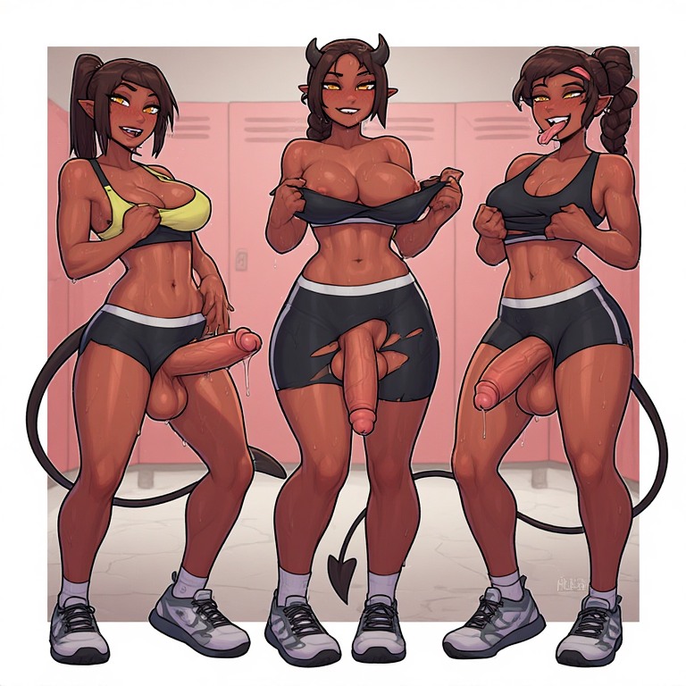3futas, 3on1, abs, ai generated, athletic female, barely clothed, barely contained, big breasts, big penis, blush, busty female, camping, cowgirl position, dangerous, dark hair, dark-skinned female, demon girl, demon horns, demon tail, dominant female, dominant futa, exposed breasts, female, fit futa, flaccid penis, futanari, glistening body, hard cock, horns, horny expression, horny futa, huge cock, imminent blowbang, imminent fellatio, imminent gangbang, imminent oral, imminent rape, imminent sex, large breasts, leaking precum, licking lips, light-skinned female, light-skinned male, locker room, long hair, looking at viewer, lustful gaze, medium breasts, more than bargained for, muscle mommy, muscular female, outdoors, outnumbered, pent up, pointy ears, precum drip, red eyes, red skin, ripped clothing, seductive look, sinister smile, slender waist, smiling at viewer, sportswear, standing, sweat, sweaty, sweaty body, tail, thick thighs, throbbing penis, torn clothing, undressing, wanting sex, wants to fuck, wide hips, wreaperx, yellow eyes