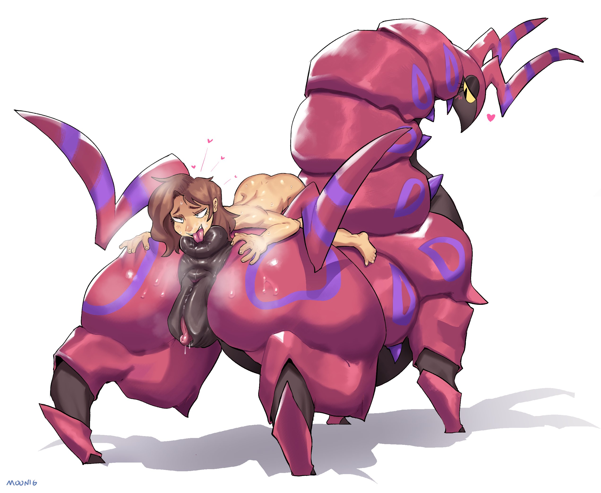 1boy, anal, anus, bubblybussinboi, commission, grey eyes, human, insect girl, insects, licking ass, lilmoonie, pokemon, pokemon (species), pokemon focus, pussy, rimming, scolipede, simple background, size difference, yellow sclera