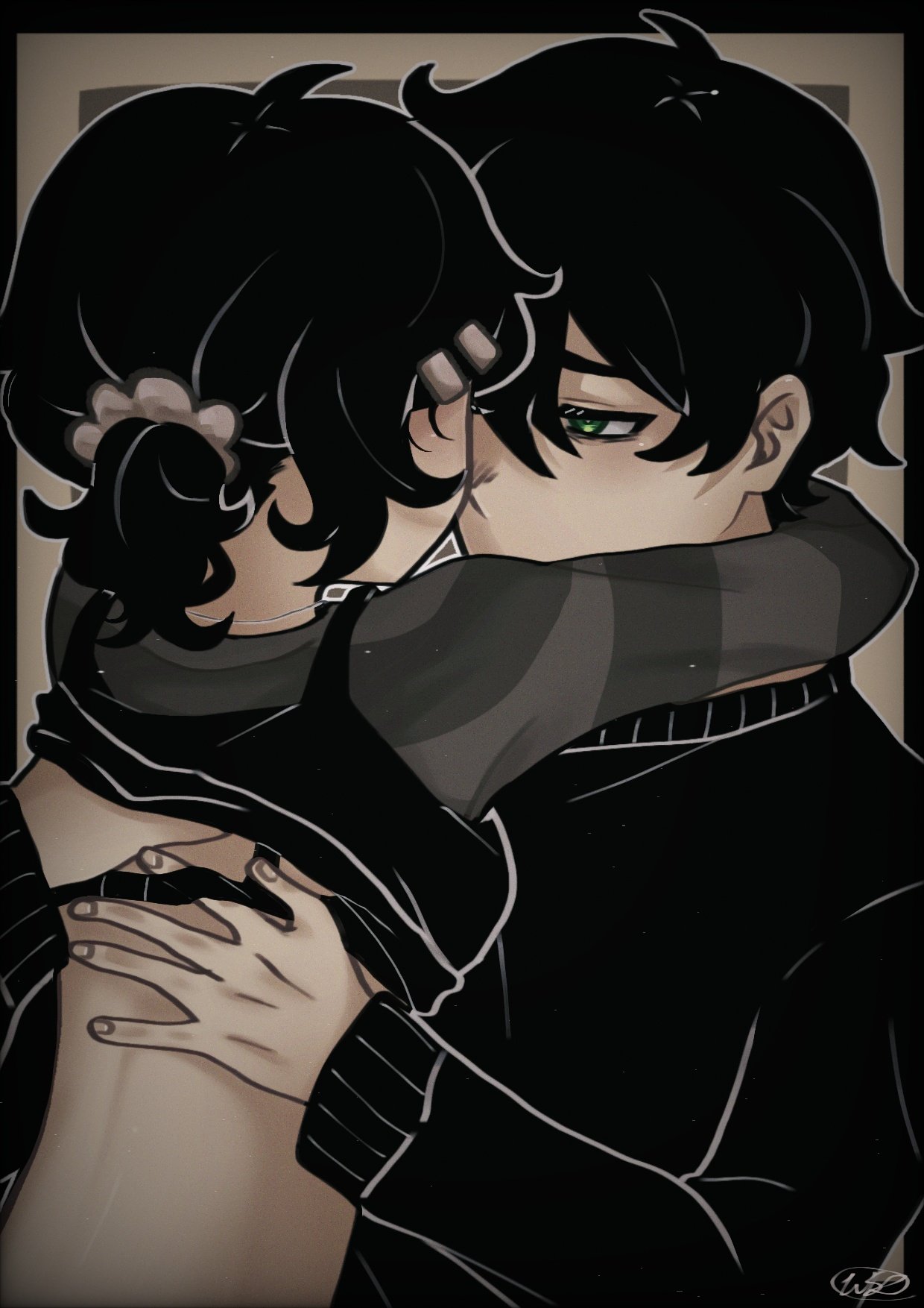 1boy, 1girls, 2d, andrew graves, ashley graves, black hair, bra, brother and sister, clothed, embrace, eye contact, female, green eyes, groping, hug, hugging, incest, looking at another, looking at partner, male, ponytail, shirt lift, siblings, size difference, straight, teenager, the coffin of andy and leyley, wsz