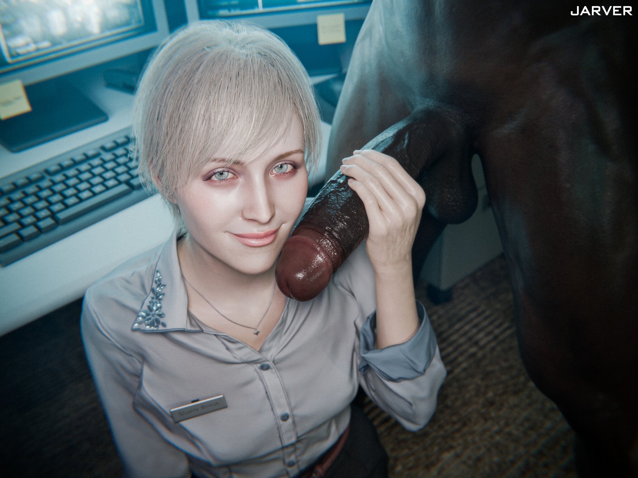 1boy, 1girls, 2026, 3d, 3d (artwork), balls, big penis, biohazard, blonde, blonde female, blonde hair, blonde-haired female, capcom, clothed female, clothed female nude male, cock worship, dark penis, dark skin, dark-skinned male, erection, foreskin, grey eyes, huge cock, indoors, interracial, jarver, large penis, light-skinned female, looking at viewer, necklace, nude, nude male, partial male, penis, penis worship, resident evil, resident evil 9: requiem, sherry birkin, shiny skin, smile, thick penis, uncircumcised, veins, veiny, veiny penis, watermark