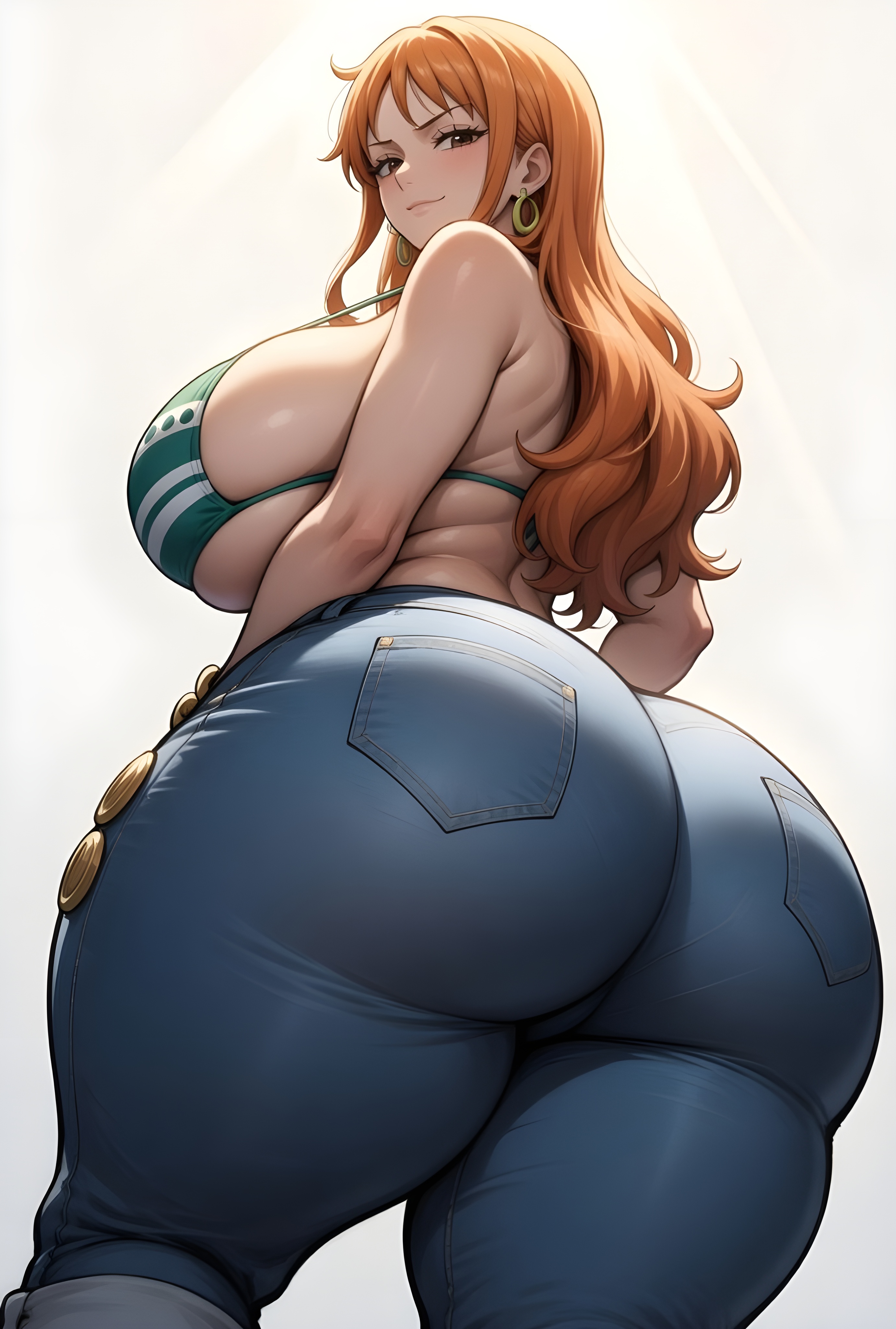1female, 1girls, ai generated, ass, big ass, big breasts, big butt, brasil louco, bubble ass, bubble butt, curvaceous, curvy, curvy body, curvy figure, dominant, dominant female, female, female only, giant ass, giant breasts, jeans, large ass, large breasts, looking at viewer, looking back, looking back at viewer, milf, milf body, nami (one piece), one piece, seducing, seducing viewer, seductive, seductive look, seductive smile, sexy, sexy body, sexy pose, shueisha, simple background, solo, solo focus, tagme, thick ass, thick body, thick butt, thick thighs, toei animation, voluptuous, voluptuous body, voluptuous female, white background