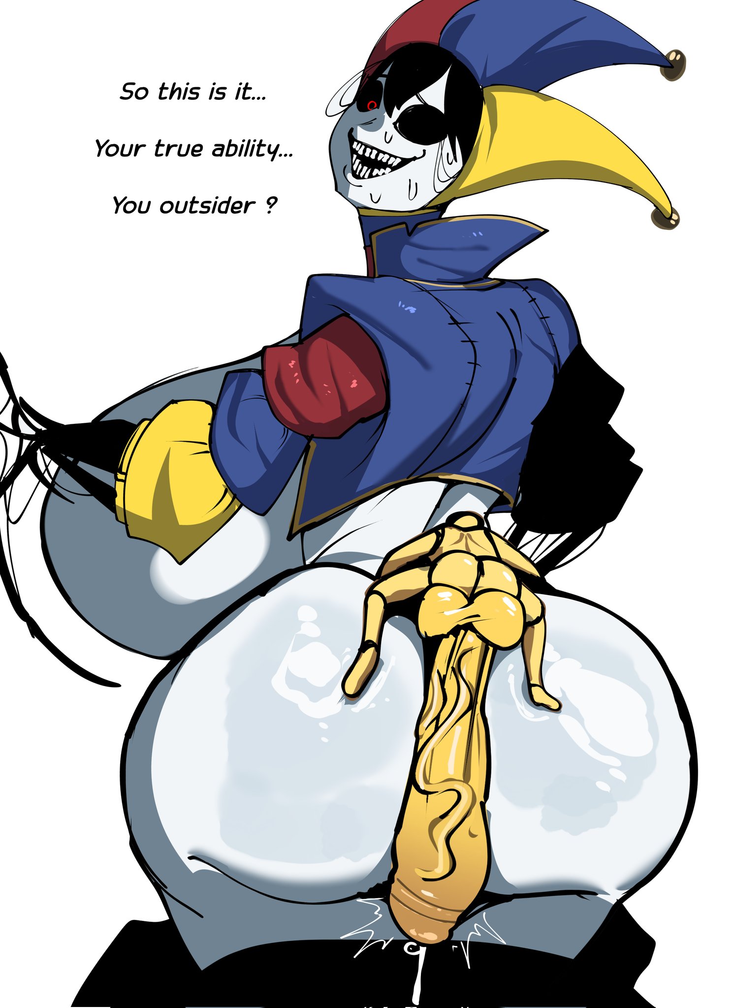 1boy, 1girls, balls, big balls, big breasts, big penis, big testicles, breasts, cock, english text, female, female focus, huge boobs, huge breasts, huge cock, hyper, hyper breasts, jester cap, jester costume, jester girl, jester hat, jester outfit, male, male/female, monster, monster girl, nude, nude female, penis, poppy playtime, poppy playtime (chapter 5), protagonist (poppy playtime), rule 63, sagging breasts, shinhyunxi, simple background, small but hung, smaller male, straight, tall female, taller female, testicles, text, the prototype (poppy playtime), thick thighs, thighs, veins, veiny penis, white background, yellow body, yellow skin