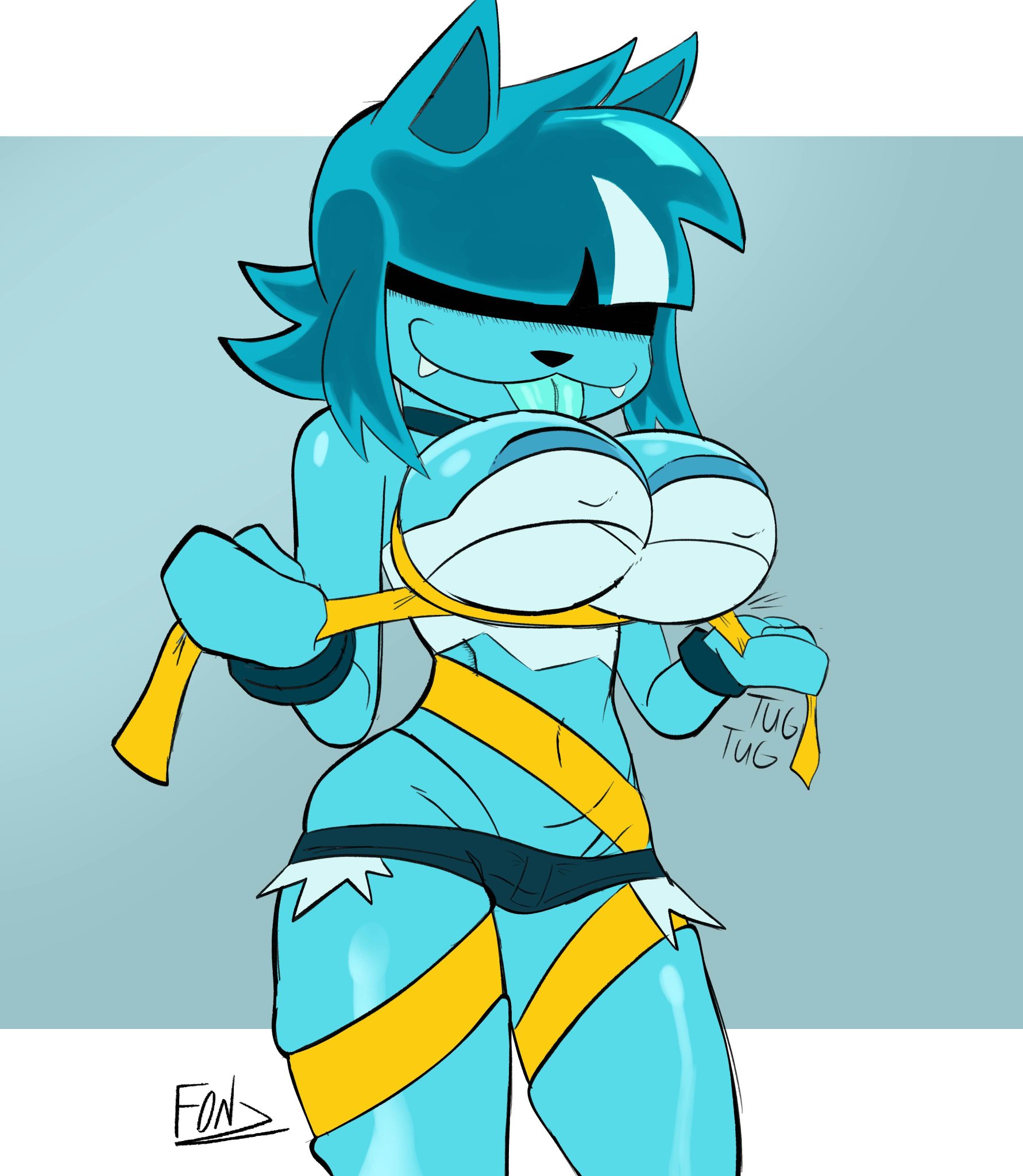2d, anthro, areolae, big breasts, blue body, blue hair, breasts, clothed, female, female only, fonz, furry, furry only, goommy (goommymuffin), goommymuffin, solo, solo female, thick thighs, thighs, tongue, tongue out