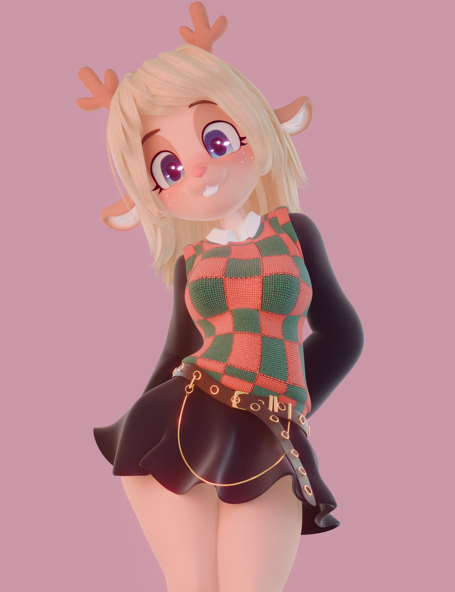 2 horns, 3d, 3d (artwork), 4 fingers, absurd res, anthro, antlers, belt, black bottomwear, black clothing, black shirt, black skirt, black topwear, blonde hair, blue eyes, bottomwear, breasts, buckteeth, clothed, clothing, clothing lift, deer, deltarune, digital media (artwork), female, fingers, freckled face, freckles, hair, hand behind back, hi res, horn, inner ear fluff, long hair, long sleeve shirt, looking at viewer, mammal, medium breasts, new world deer, nipples, noelle holiday, pink background, presenting, presenting breasts, red nose, reindeer, rosoero, shirt, shirt lift, simple background, skirt, smile, smiling at viewer, smug, solo, suggestive, suggestive gesture, suggestive look, suggestive pose, teeth, topwear, tuft, undertale, undertale (series), zh7even