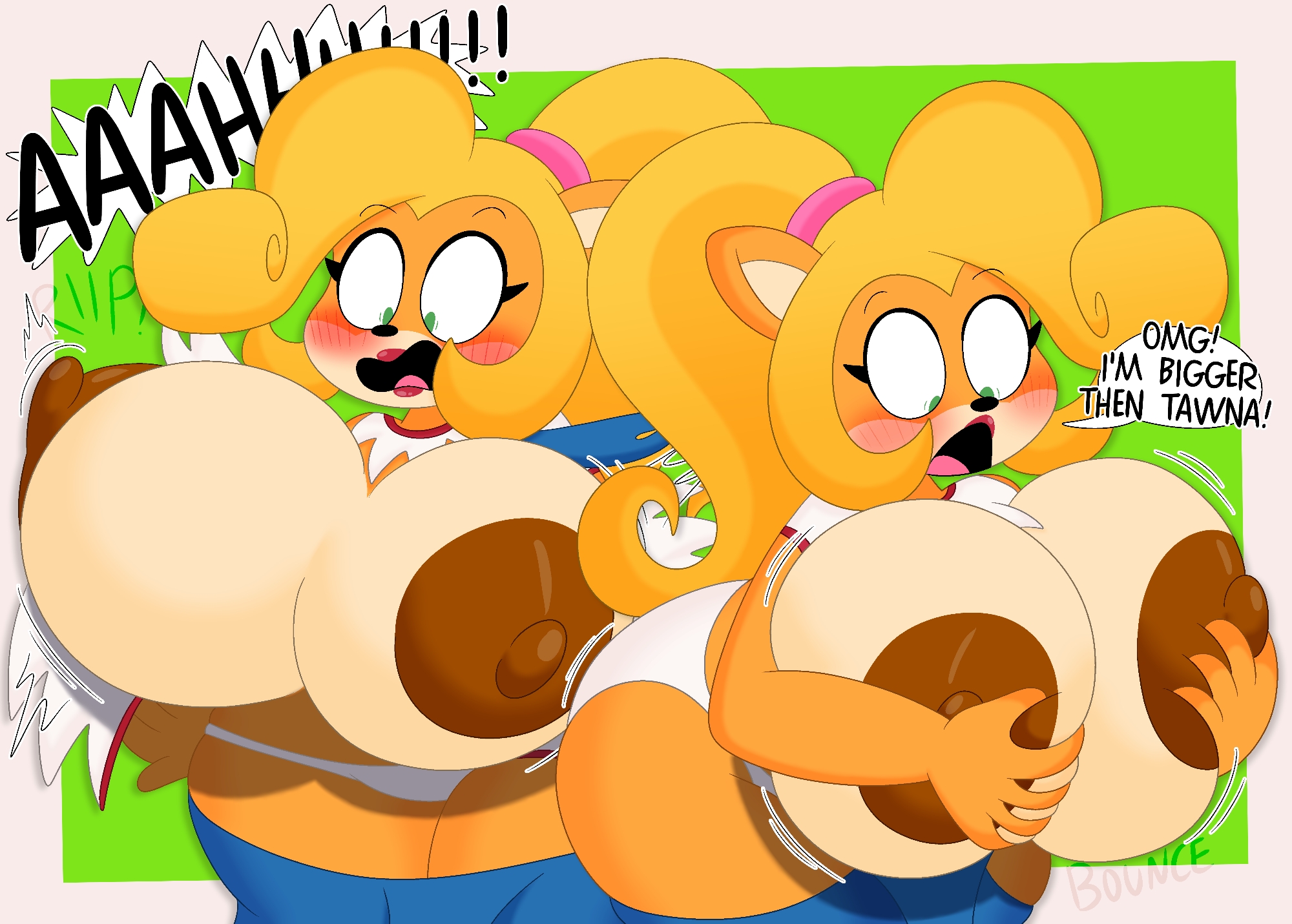 3barts, areola, areolae, big breasts, blushing, breast expansion, breasts out of clothes, brown nipples, coco bandicoot, crash (series), english text, holding breasts, large breasts, motion lines, nipples, panties, ripped clothing, surprised expression, wide hips
