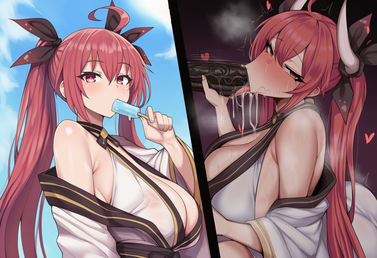ai generated, big breasts, black penis, blowjob face, cum in mouth, date a live, itsuka kotori, kimono, netorare, pubic hair, tongue out blowjob, yeie