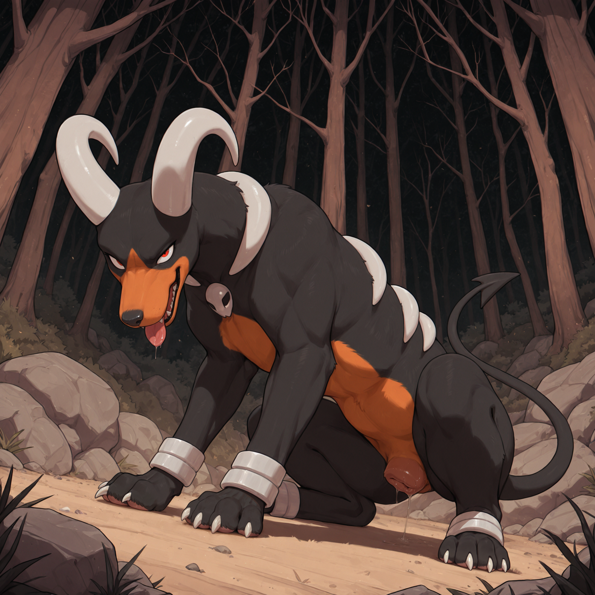 ai generated, black body, canine pussy, claws, drooling, female, female only, feral, fur, houndoom, looking at viewer, nintendo, orange body, outdoors, paws, pixvul, pokemon, pokemon (species), pussy, pussy juice, red eyes, solo