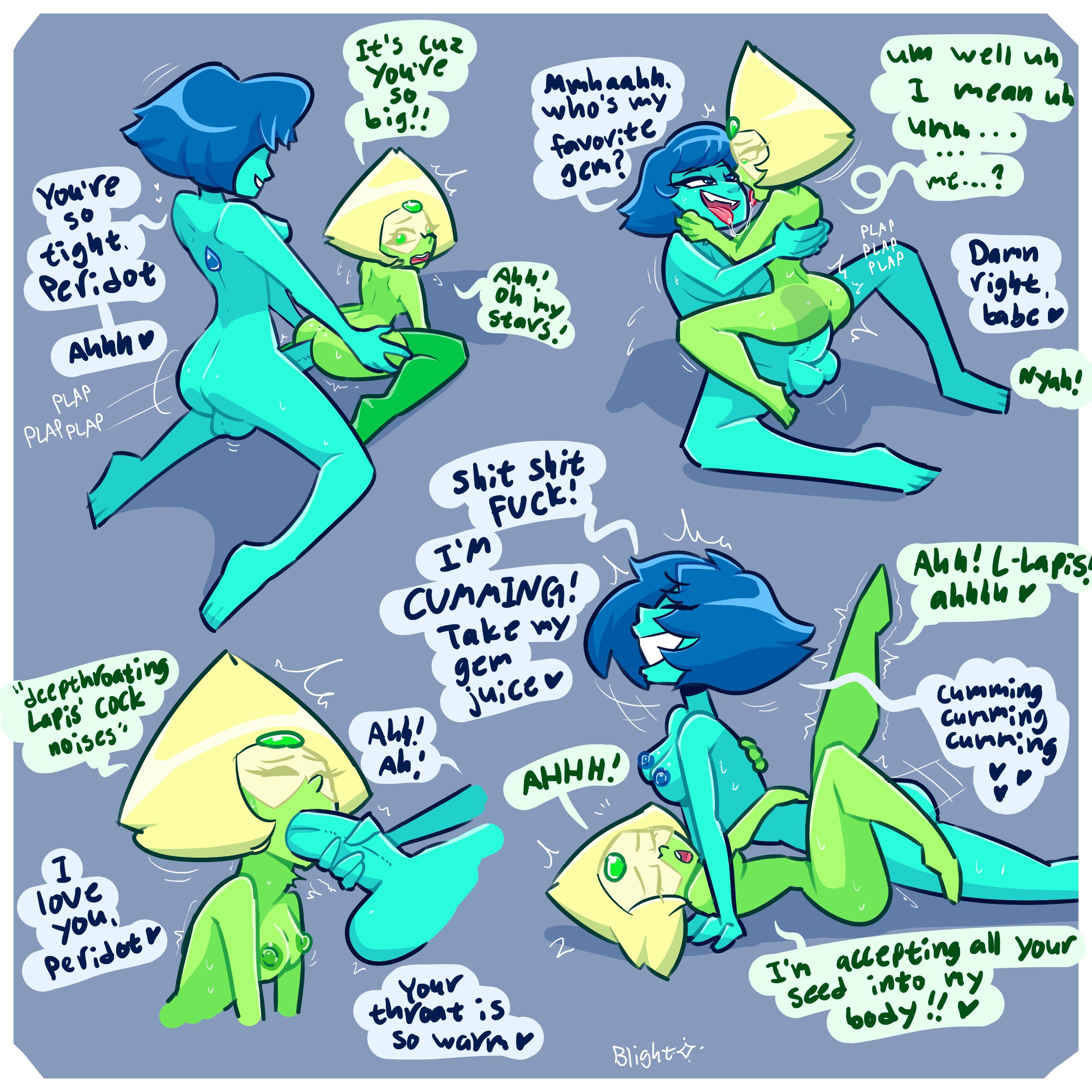1futa, 1girls, after kiss, arms around partner, back view, blightstar, blonde hair, blue body, blue hair, closed eyes, cowgirl position, cumming while penetrating, deepthroat, dialogue, english text, female, futa on female, futanari, gem (species), green body, half-closed eyes, hand on ass, hand on penis, kneeling, lapis lazuli (steven universe), larger futa, larger penetrating smaller, looking back, missionary position, multiple positions, naked, o mouth, open mouth, penetration, penis silhouette, peridot (steven universe), plap, size difference, smaller female, smaller penetrated, smile, speech bubble, steven universe, tagme, thighhighs, visor