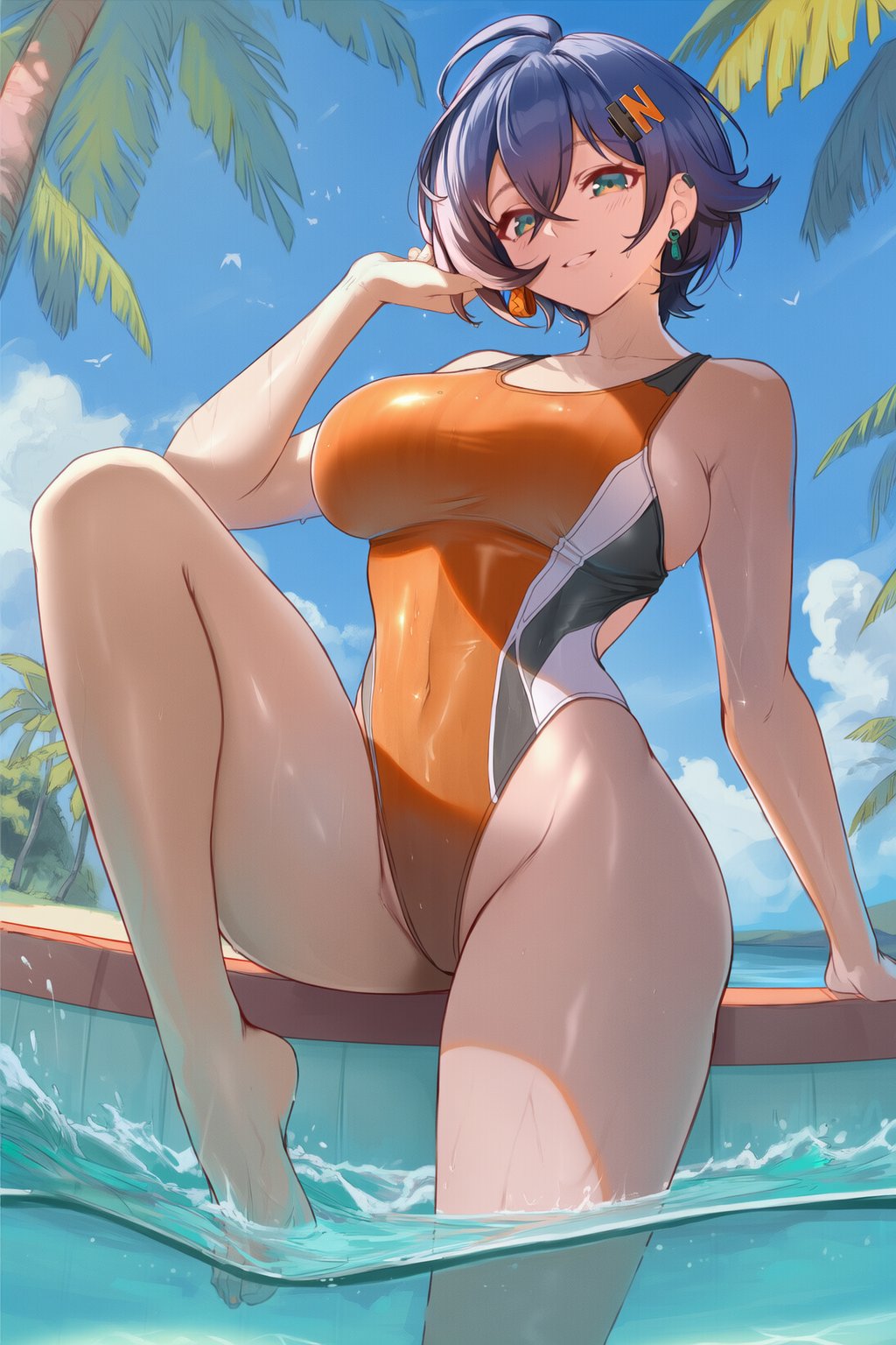 1girls, 2d, 2d (artwork), ai generated, alternate costume, beach, beach background, belle (zenless zone zero), blue hair, breasts, clouds, day, female, female focus, female only, front view, hikari illust, legs in water, light skin, light-skinned female, looking at viewer, ocean, one-piece swimsuit, outdoors, palm tree, pool, poolside, sand, sexy, short hair, sitting, sky, slim girl, smiling, smiling at viewer, solo, solo female, solo focus, summer, swimsuit, tree, voluptuous, voluptuous female, water, young, younger female, zenless zone zero