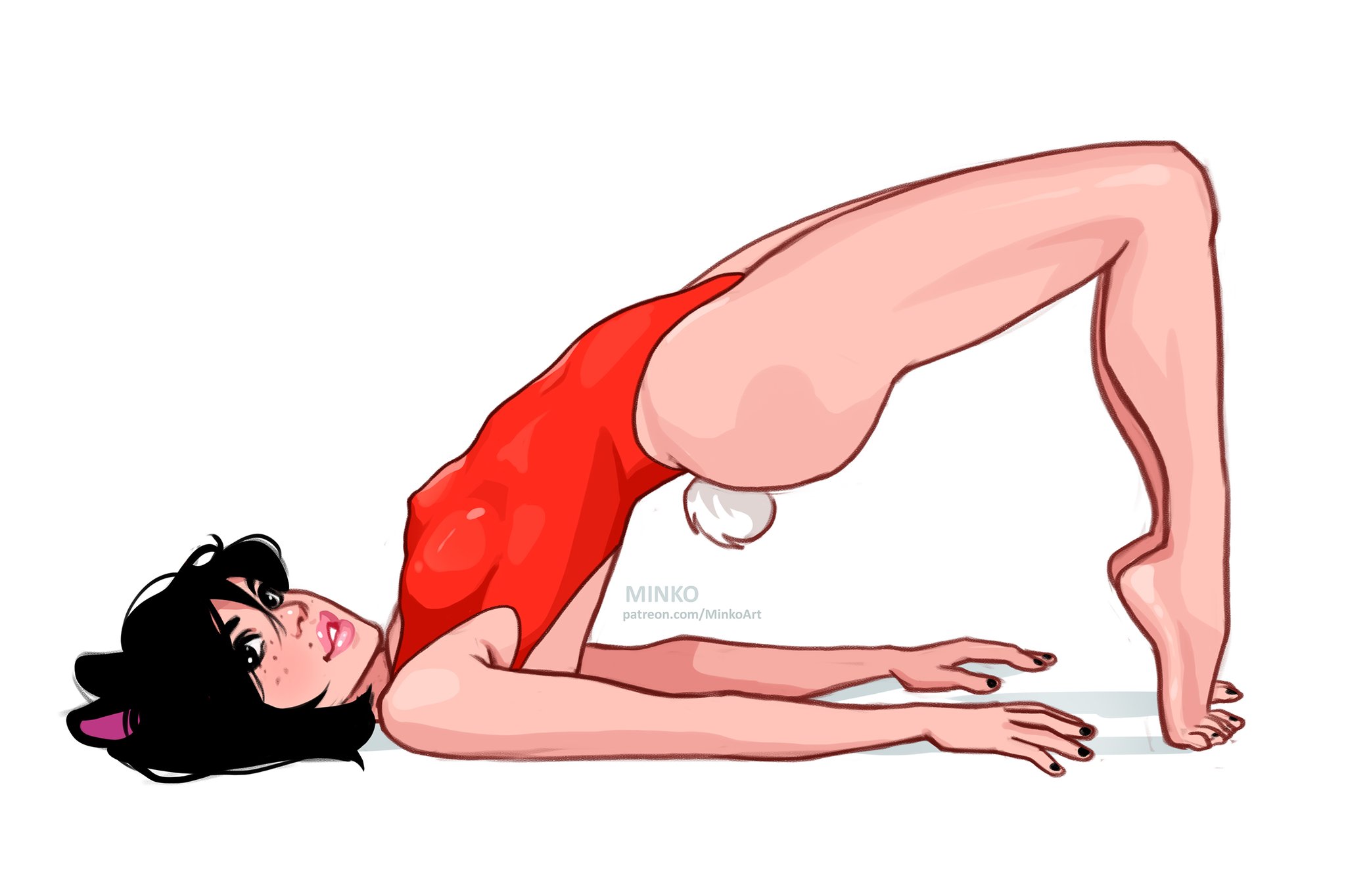 1girls, 2022, black hair, black toenails, breasts, buffy (minko), bunny tail, female, looking at viewer, minko, olena minko, original, original character, red leotard, short hair, small breasts, tagme