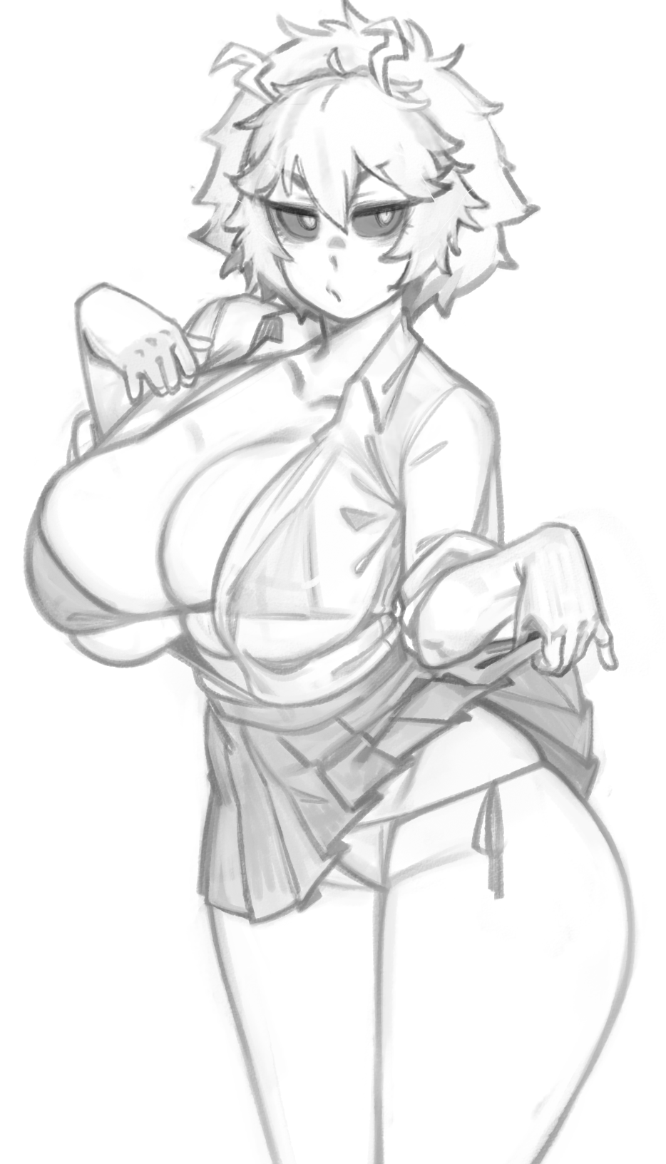 bikini bikini_under_clothes black_sclera cleavage horns huge_breasts kelvin_hiu messy_hair mina_ashido miniskirt monochrome my_hero_academia open_mouth pink_hair pink_skin school_uniform seductive see-through short_hair sketch skindentation skirt_lift swimsuit swimsuit_under_clothes thick_thighs thighs wide_hips yellow_eyes