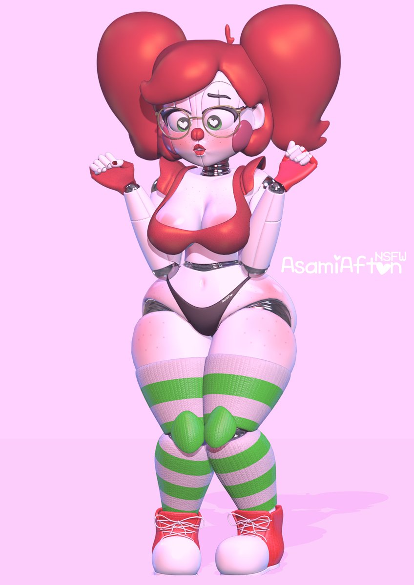 3d, 3d (artwork), baby (fnafsl), big breasts, breasts, circus baby, circus baby (fnaf), cleavage, female, five nights at freddy's, five nights at freddy's: sister location, fnaf, glasses, green eyes, heart-shaped pupils, leggings, robot girl, shoes, sister location, so87baby, solo, solo female, summer of 87 baby