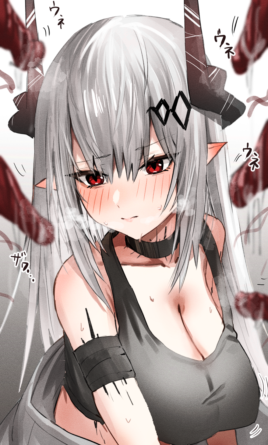 arknights bandaged_arm bandages bangs bare_shoulders blush breasts cleavage closed_mouth collar collarbone ear_blush female grey_hair hair_ornament highres horn/wood horns large_breasts long_hair looking_at_viewer motion_lines mudrock_(arknights) oripathy_lesion_(arknights) pointy_ears rape raw_egg_lent red_eyes solo sports_bra steaming_body tentacle upper_body v-shaped_eyebrows very_long_hair