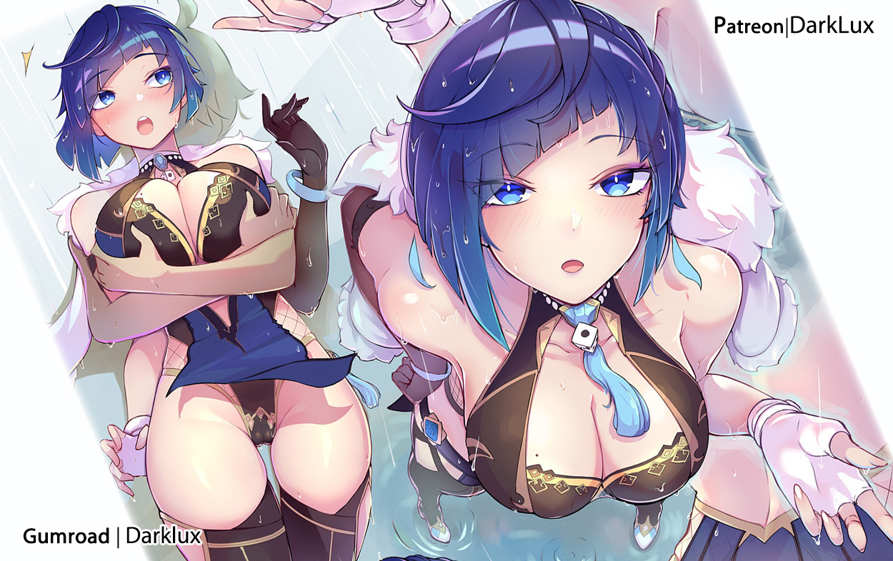 1boy, 1girls, aether (genshin impact), big breasts, breast grab, breasts, colored, darklux, drawing, female, genshin impact, holding, imminent sex, male, shower, straight, surprised expression, taller female, yelan (genshin impact)