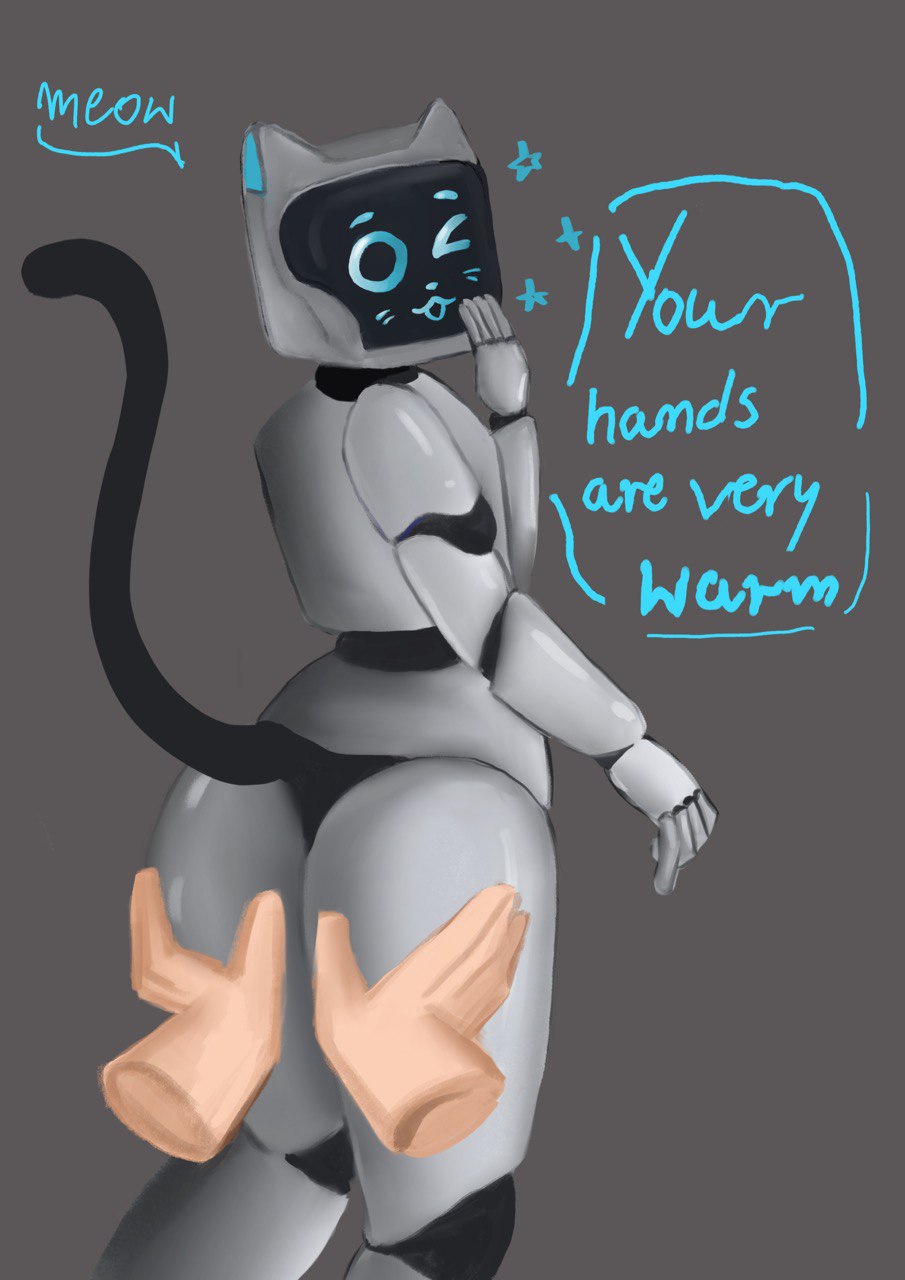 2d ass cat_ears english_text furry hands_on_butt humanoid kerfuś looking_at_viewer looking_back nude robot robot_cat robot_girl robot_humanoid screen_face tail talking text wink