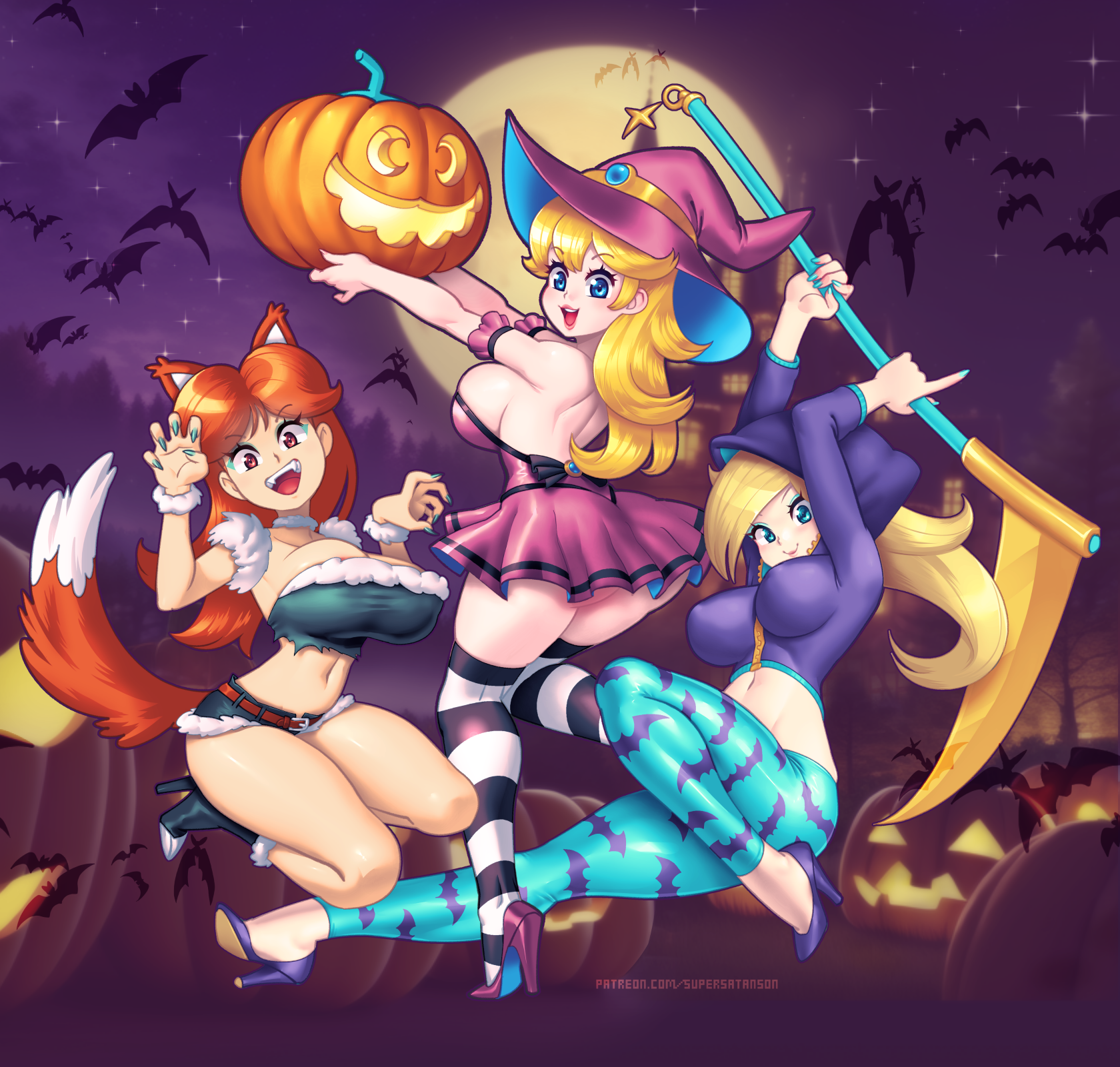 3girls, animal ears, blonde hair, blue eyes, brown eyes, brown hair, female, female only, halloween, mario (series), painted nails, princess daisy, princess peach, princess rosalina, super mario bros., supersatanson, tail, watermark, werewolf, witch, witch hat