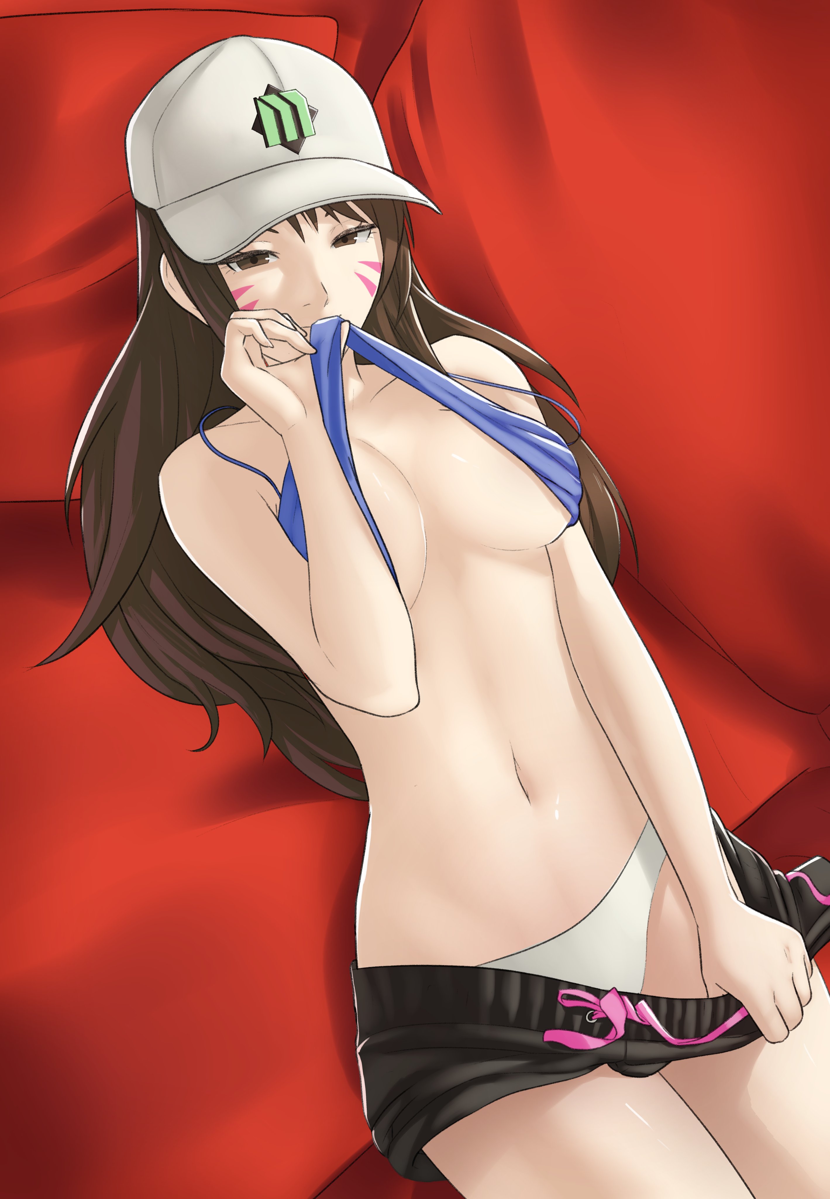 1girls, 2022, 2d, 2d (artwork), activision, bare midriff, blizzard entertainment, breasts, brown eyes, brown hair, cap, d.va, female, female only, hat, human, human only, long hair, looking at viewer, medium breasts, midriff, no sex, on back, overwatch, panties, pomelomelon, presenting panties, realistic proportions, red sheets, sheets, shooting star d.va, shorts, solo, solo female, teasing, underwear, white panties