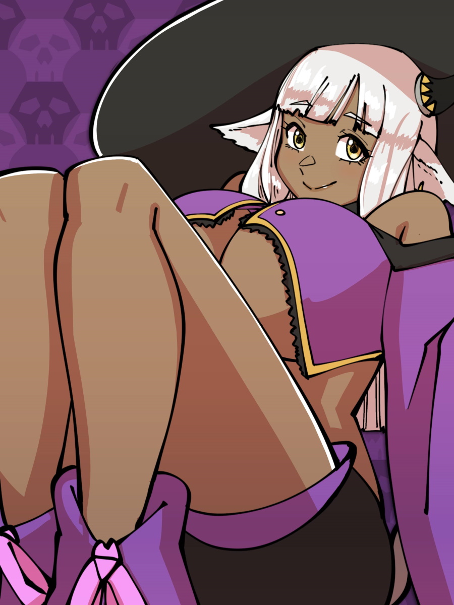 1girls ash_(fire_emblem) ass bangs breasts cleavage cosplay dark-skinned_female dark_skin earrings female female_only fire_emblem fire_emblem_heroes halloween halloween_costume huge_breasts looking_at_viewer mnejing nintendo nowi_(fire_emblem)_(cosplay) pointy_ears shorts smile solo underboob white_hair witch witch_hat yellow_eyes