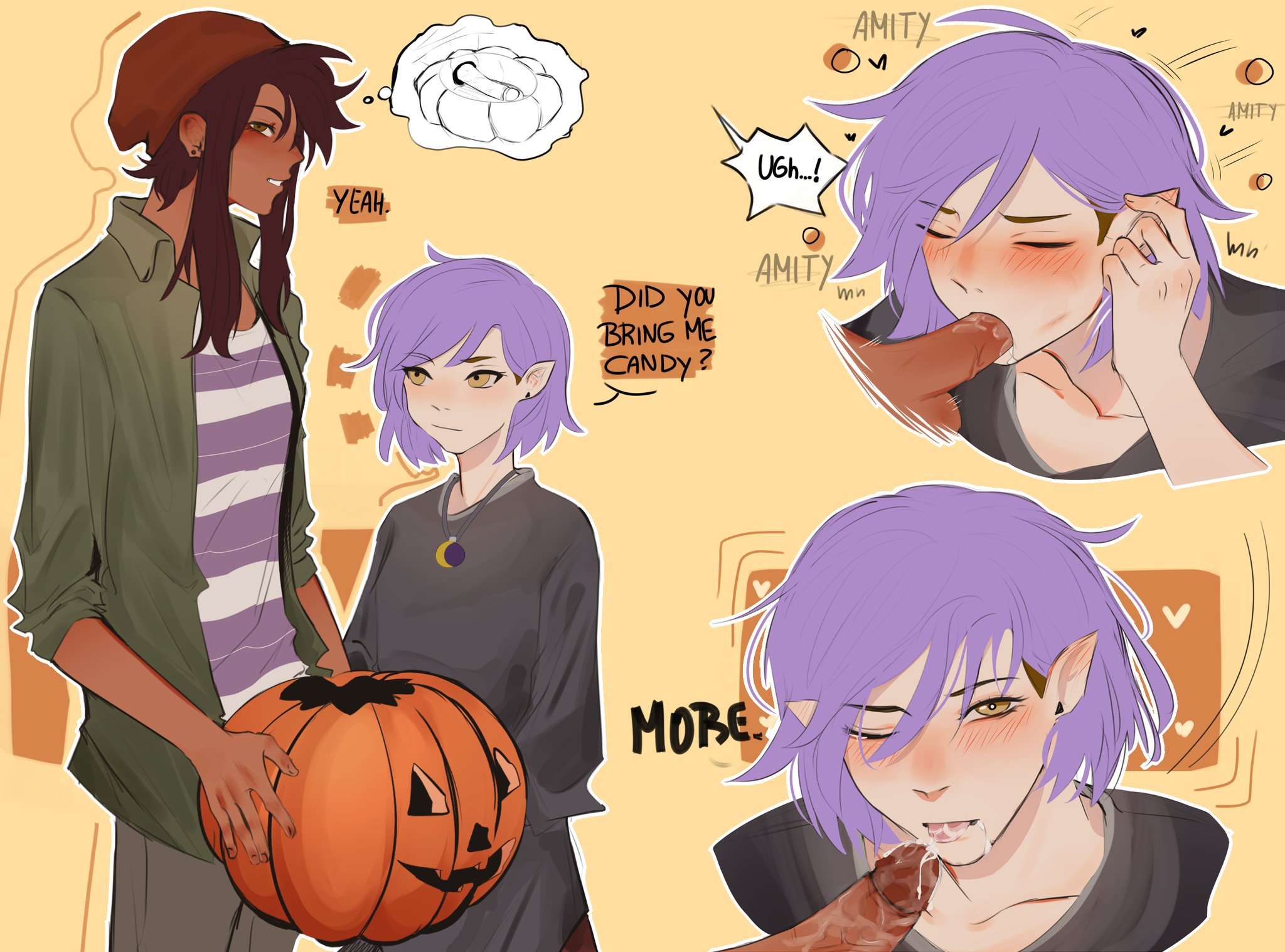 1futa, 1girls, 2022, amity blight, blowjob, clothed, clothing, dark skin, dark-skinned futa, dialogue, disney, disney channel, disney xd, duo, english text, erection, fellatio, female, fully clothed, futa on female, futanari, halloween, hiding erection, holidays, human, humanoid, intersex, light skin, light-skinned female, luz noceda, luz noceda (beta), mostly clothed, oral, penis, pumpkin, sex, straight hair, text, the owl house, witch, xe2las 707
