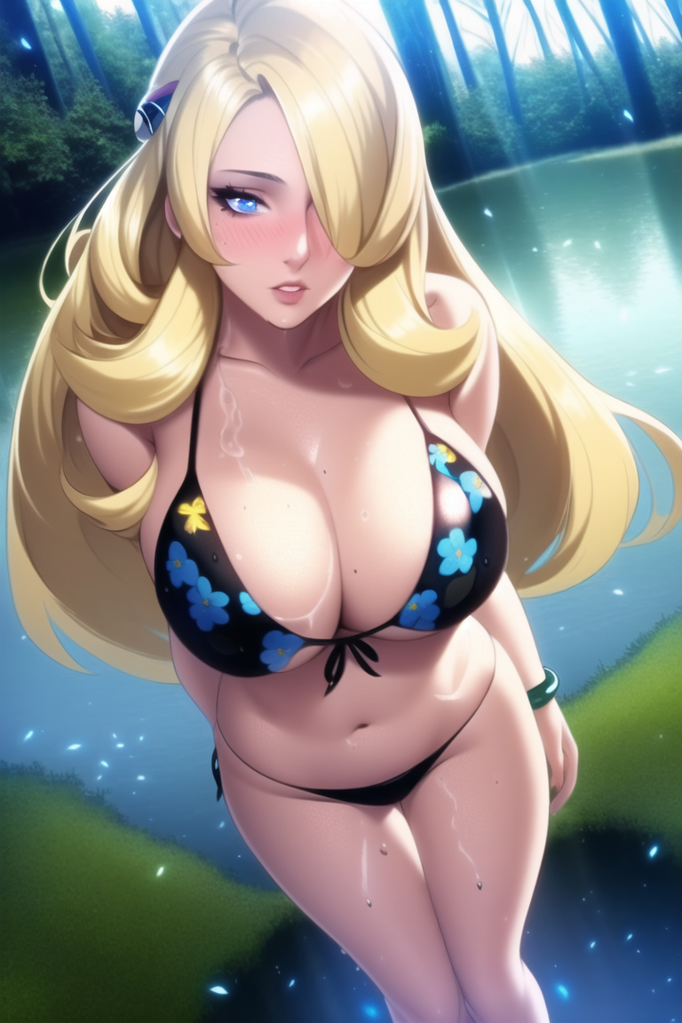 ai generated, bikini, blonde hair, blue eyes, breasts, cynthia (pokemon), female, female only, lake, large breasts, nai diffusion, navel, nintendo, outdoors, pokemon, stable diffusion, swimsuit, voluptuous, wide hips