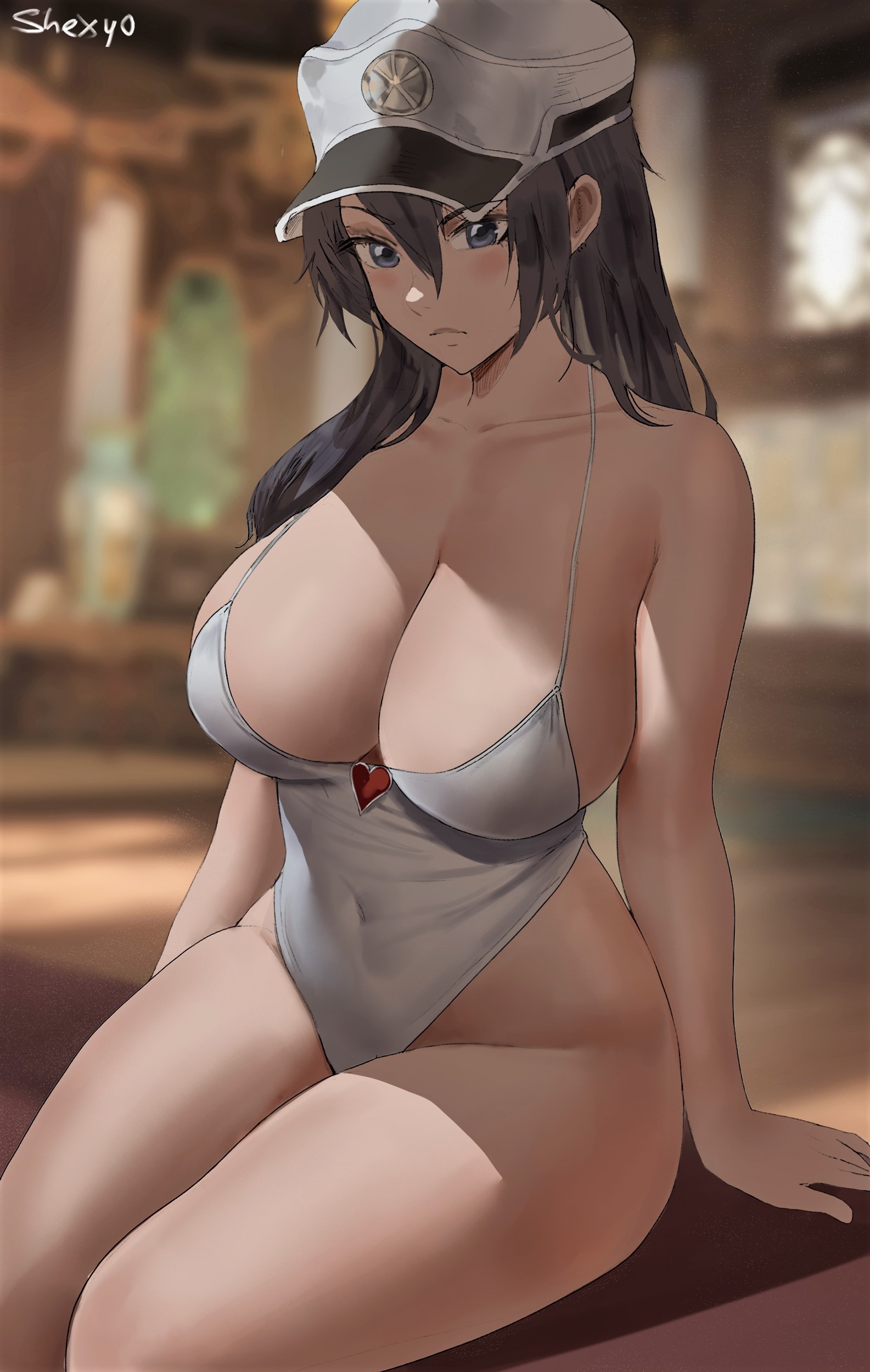 1girls, artist signature, bambietta basterbine, black hair, bleach, bleach: the thousand-year blood war, breasts, female, female only, hartman hips, hat, hi res, hips, huge breasts, indoors, large breasts, light skin, light-skinned female, long hair, shexyo, thick thighs, thighs, wide hips