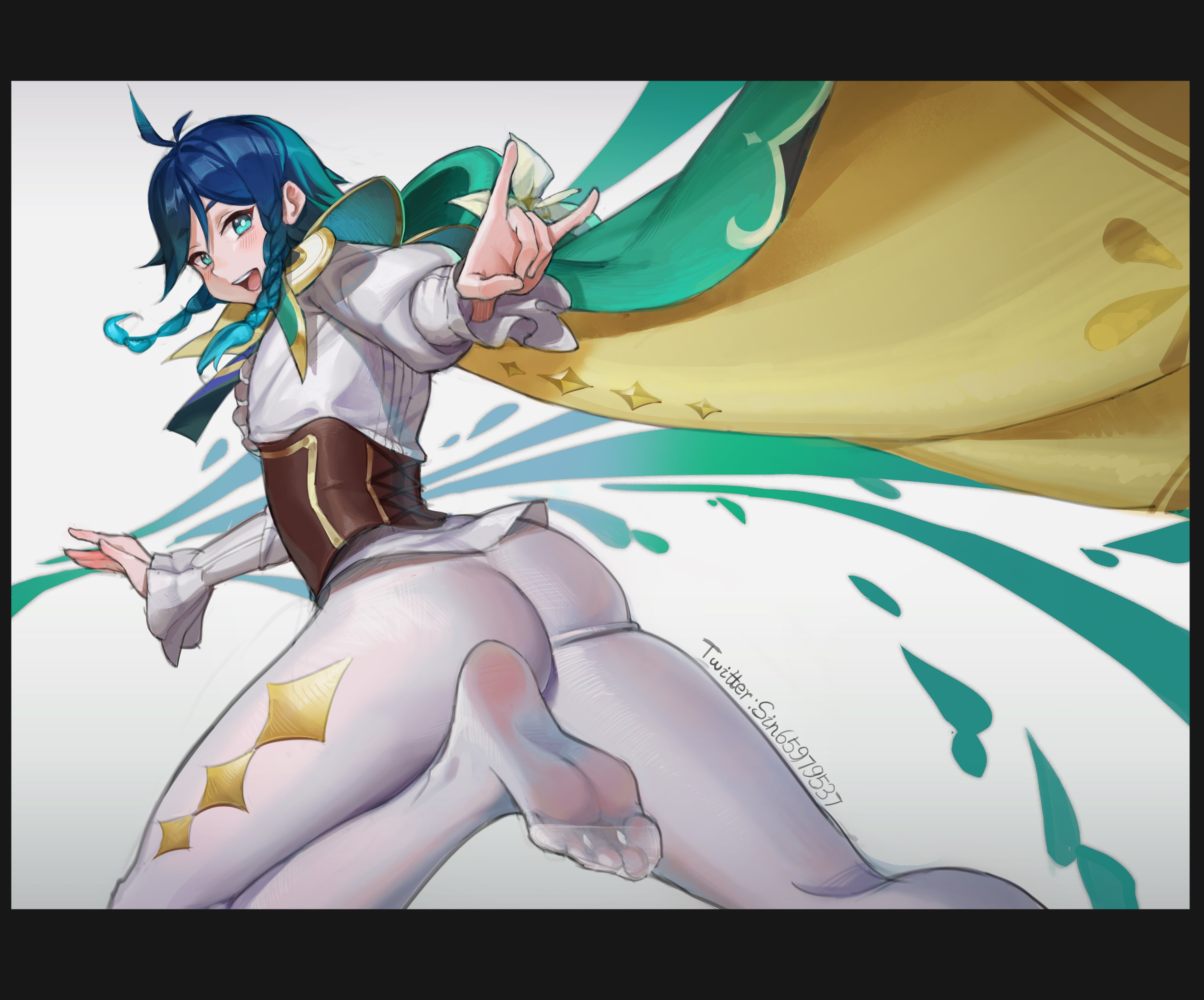 1boy, 1femboy, 2d, 2d (artwork), 2d artwork, ass, blue hair, cape, corset, feet, femboy, femboy focus, femboy only, foot fetish, genshin impact, male, male focus, male only, pantyhose, safe, safe for work, sintrybest, tagme, venti (genshin impact)