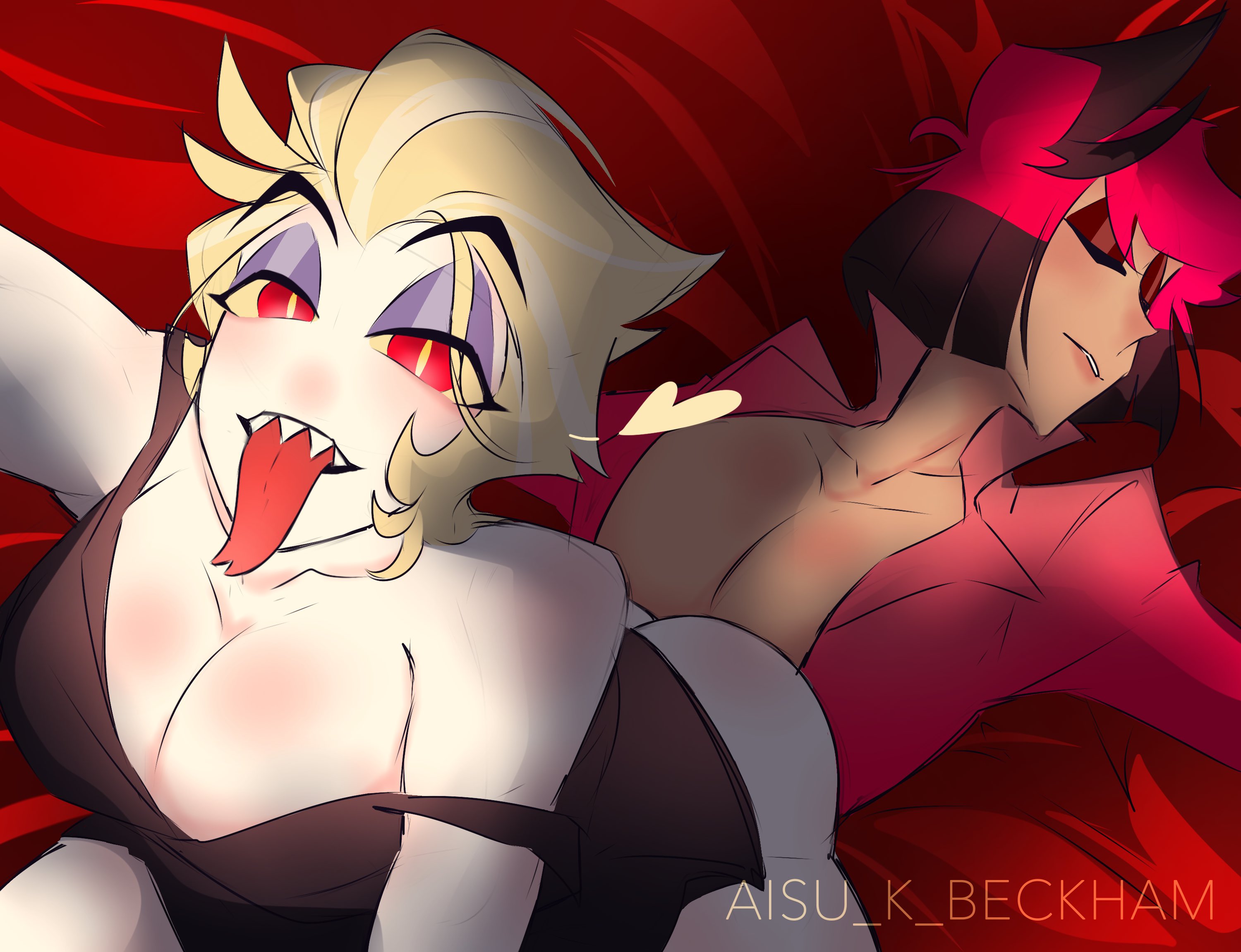 2boys, aisuartist, alastor (hazbin hotel), ass, big ass, big butt, blonde hair, female, femboy, femboy dilf, hazbin hotel, long tongue, lucifer morningstar (hazbin hotel), male, open shirt, pecs, radioapple, red background, red eyes, red hair, selfie, sharp teeth, sitting on lap, sleeping, tongue, tongue out, two-tone hair, vivienne medrano, yaoi, yellow pupils