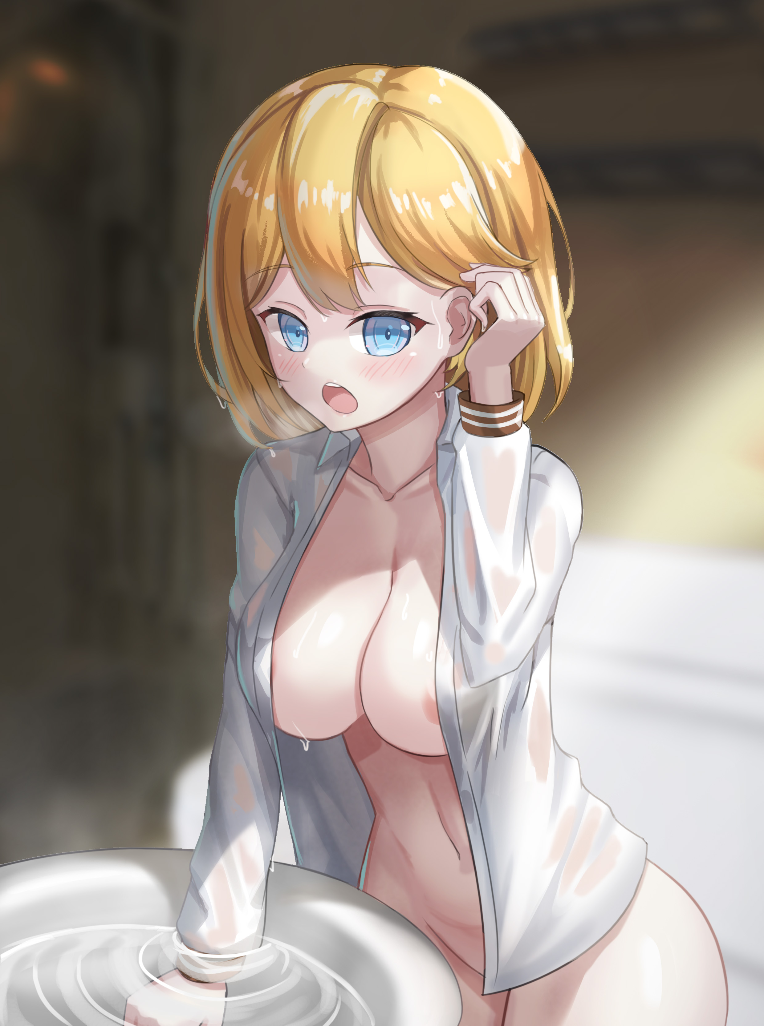 1girls, bare ass, bare butt, barely visible nipples, belly button, blonde hair, blush, bottomless, breasts, female, female only, hololive, hololive english, hololive myth, jagoo (artist), light blue eyes, light skin, light-skinned female, medium hair, open mouth, open shirt, shirt only, solo, virtual youtuber, visible breath, water, watson amelia, wet